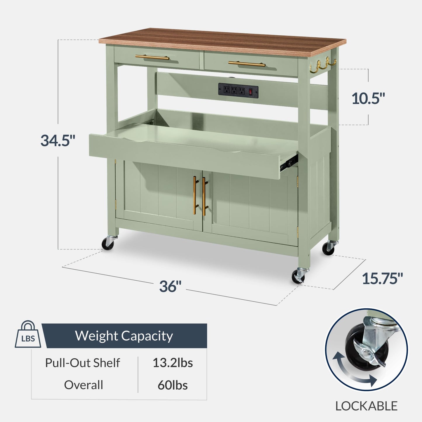 Best Choice Products 36in Large Rolling Kitchen Island Cart, 2-Door Cabinet, 2 Drawers, Pull-Out Shelf, Power Outlet, Hooks, & Swivel Lockable Wheels - Pistachio Green