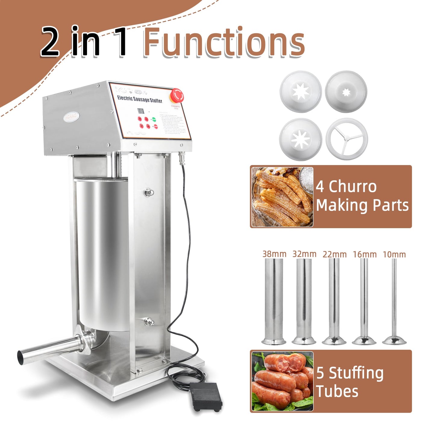 Hakka 30LB Electric Sausage Stuffer, Stainless Steel Electric Sausage Makers and Churro Makers Commercial Sausage Filling Machine with 5 Stuffing Tubes 4 Churros Making Parts
