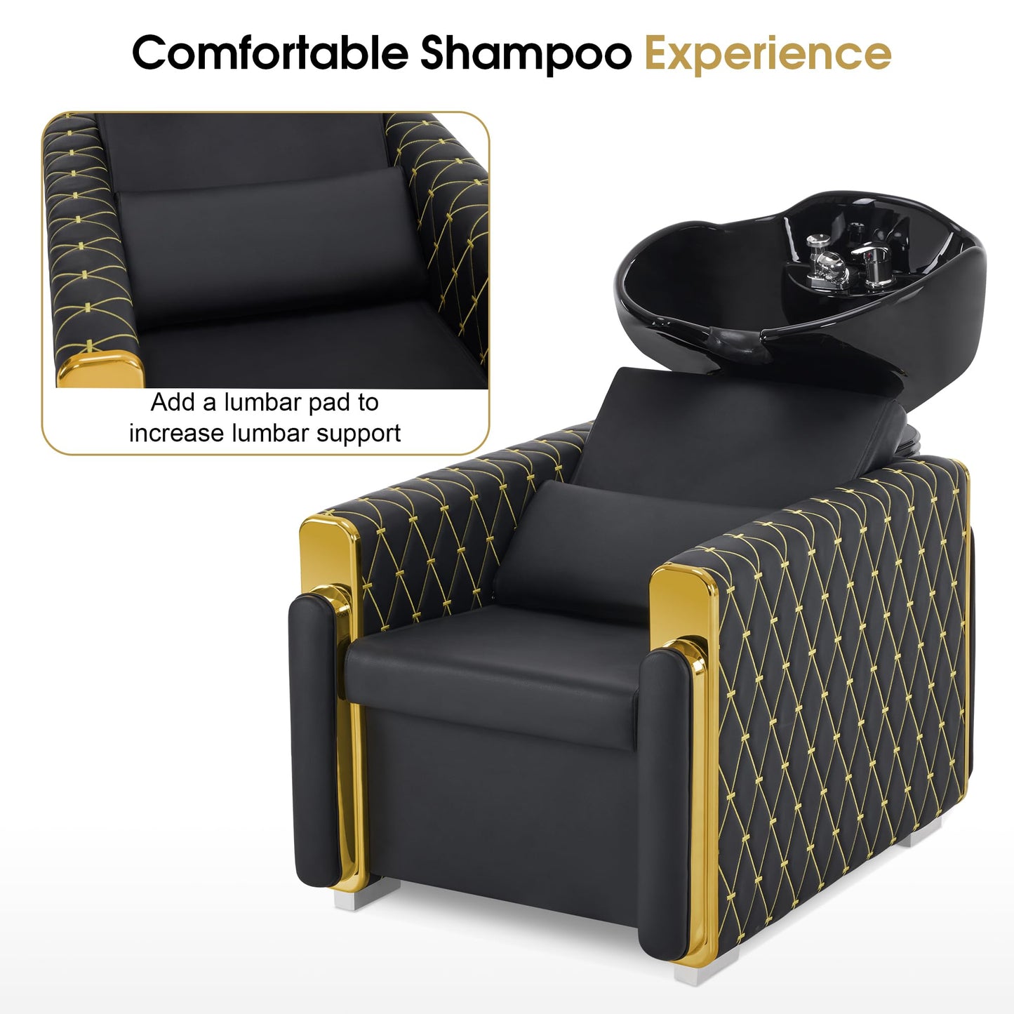 BarberPub Backwash Shampoo Station Chair, Porcelain Ceramic Bowl Sink Unit for Hair Stylist, Gold&Black Shampoo Chair with Vacuum Breaker for Beauty Spa Salon 8690