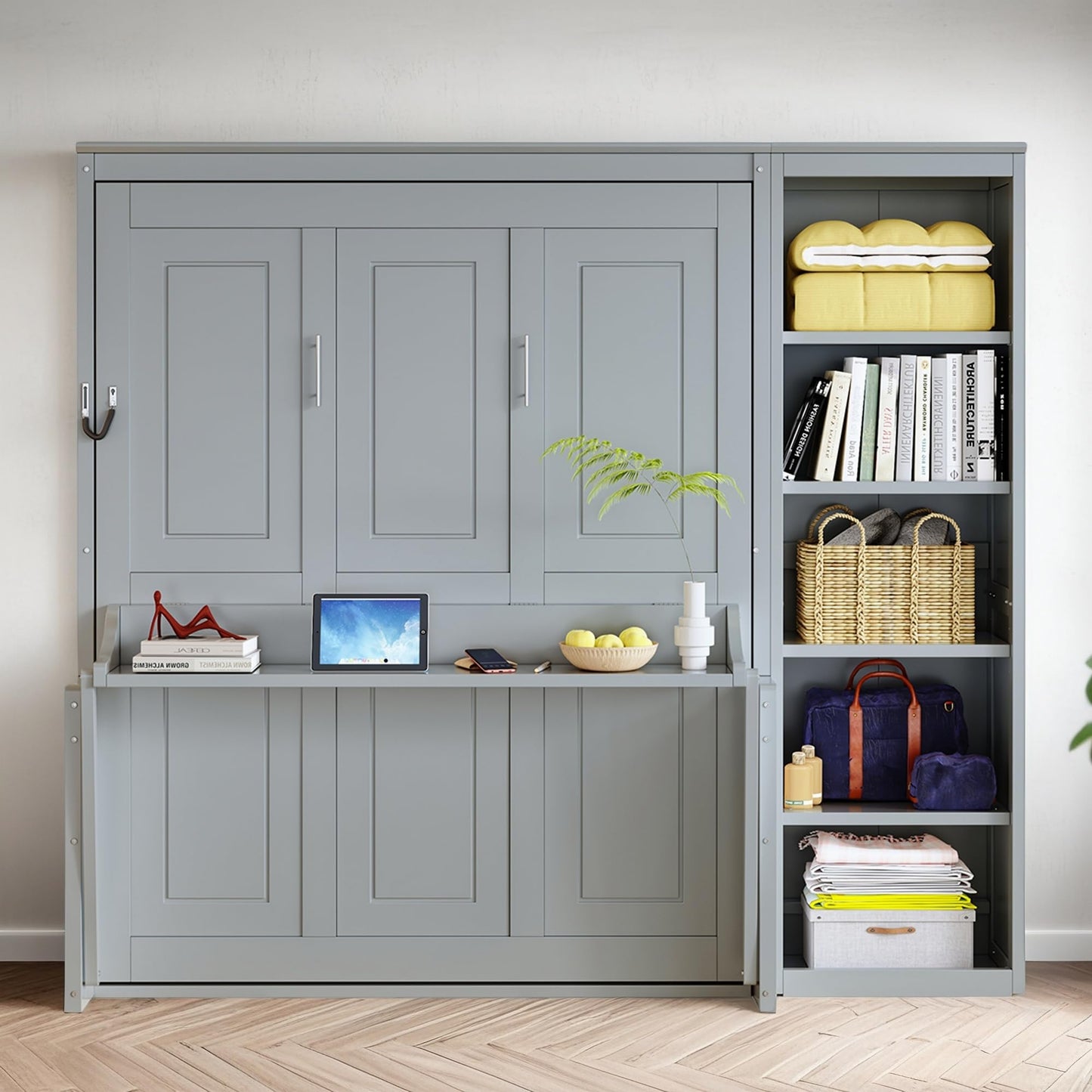 MERITLINE Full Murphy Bed with Desk and Storage Shelves,Wood Hideaway Murphy Wall Bed with Storage Bookcase for Adults (Grey,Full)