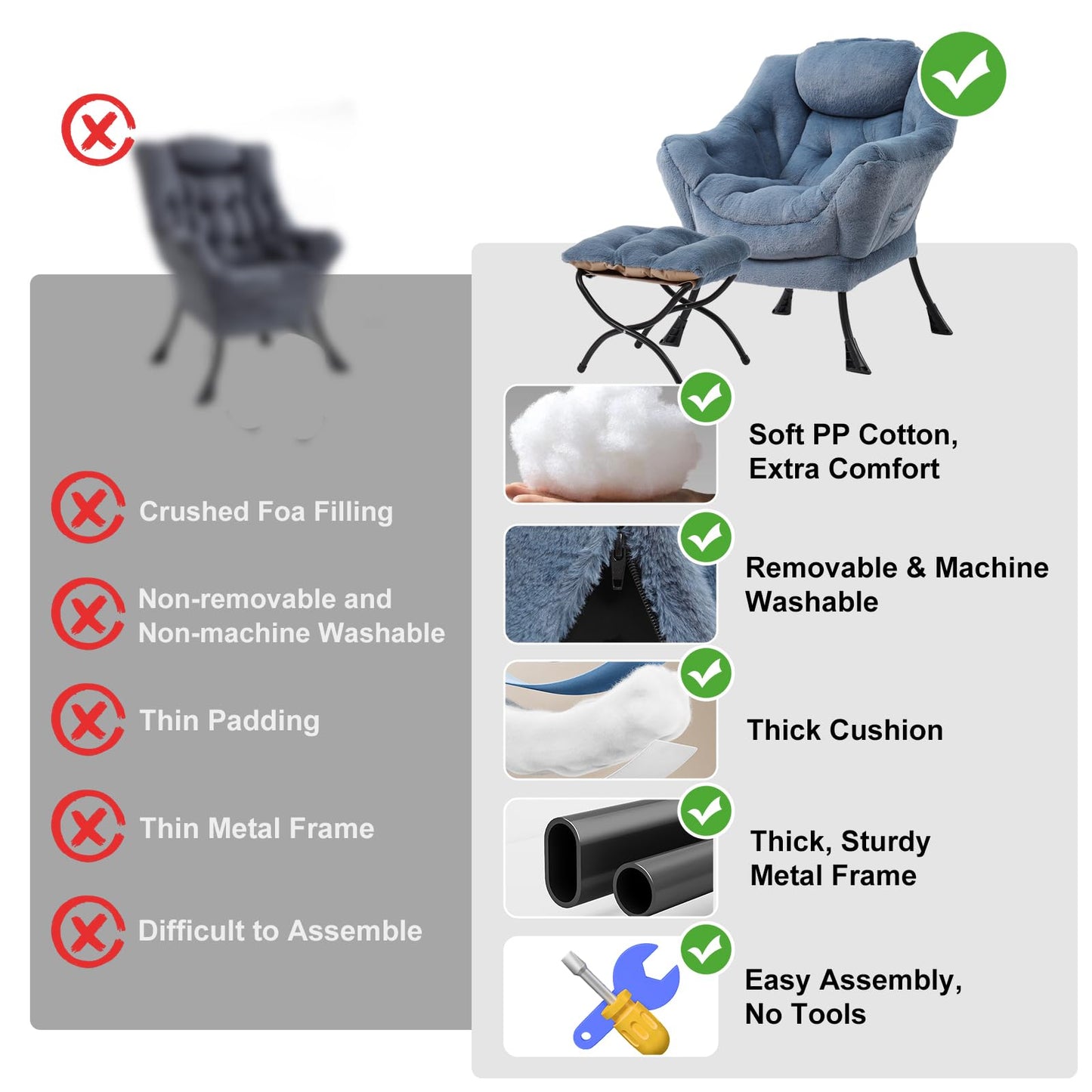 Furlide Lazy Chair with Ottoman, Modern Accent Chair with Armrests and a Side Pocket, Plush Light Blue Accent Chairs, Reading Chairs, Oversized Armchairs for Bedroom, Study, Living Room, Courtyard