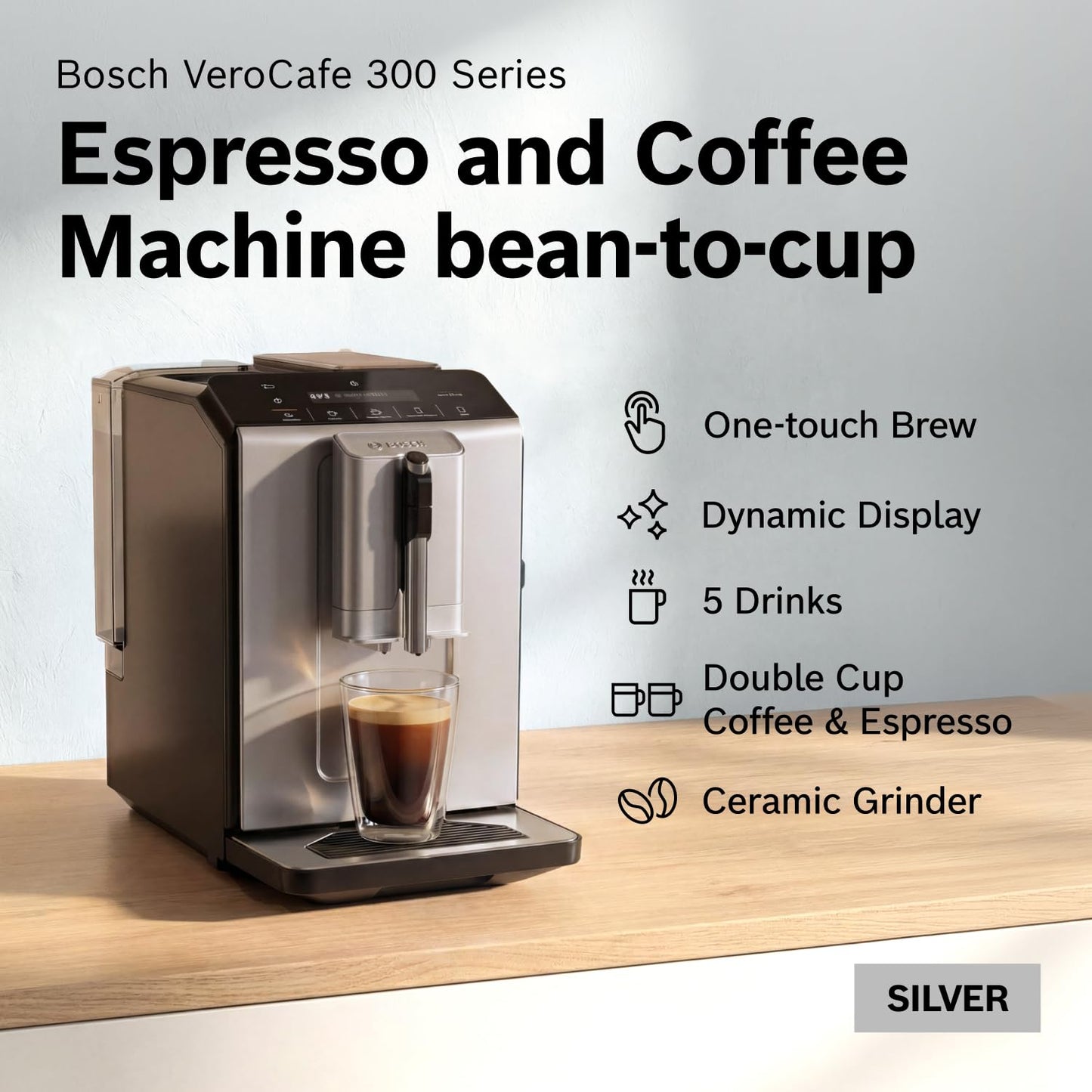 Bosch Fully Automatic Coffee and Espresso Machine - One-Touch Drinks, Barista Style, Double Cup Super Coffee Maker - Large Bean Capacity - Easy Clean, Maintenance - Silver- TIU20307