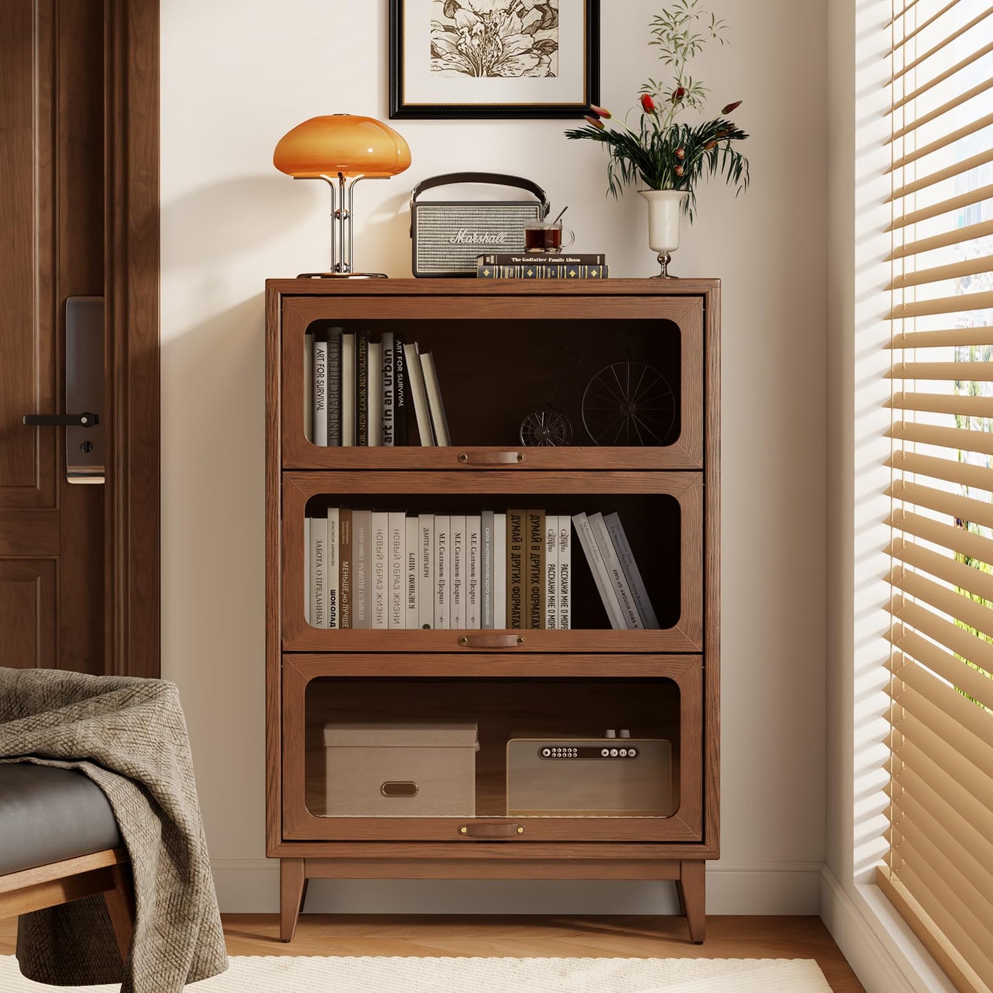 AQIMUELE Solid Wood Storage Cabinet with Glass Doors, 3 Shelf Small Storage Cabinet, Mid Century Modern Bookcase, Kitchen Pantry Cabinet (Walnut-Clear Glass, 31.5" W)