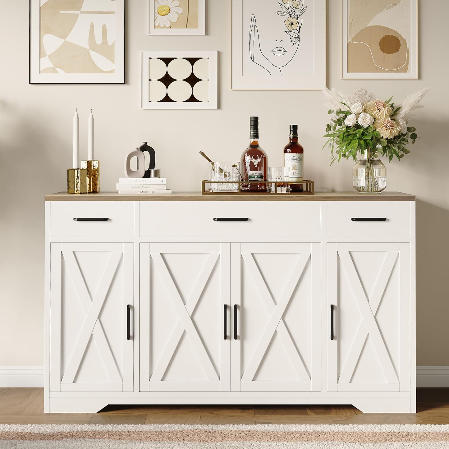 BouPower 55 Inch Farmhouse Sideboard Buffet Cabinet with Storage & 3 Drawers & Barn Doors Large Modern Wood Coffee Bar Buffet Table, Dining Room Storage Cabinet for Dining Room, Kitchen, Living Room