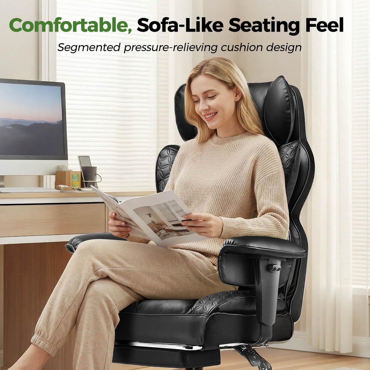 GTPOFFICE Big and Tall Office Chair 400LBS Wide Seat Computer Gaming Chair with Footrest & Comfy Lumbar Support, Leather High Back Executive Chair with Ergonomic Pressure Relief Seat Cushion, Black