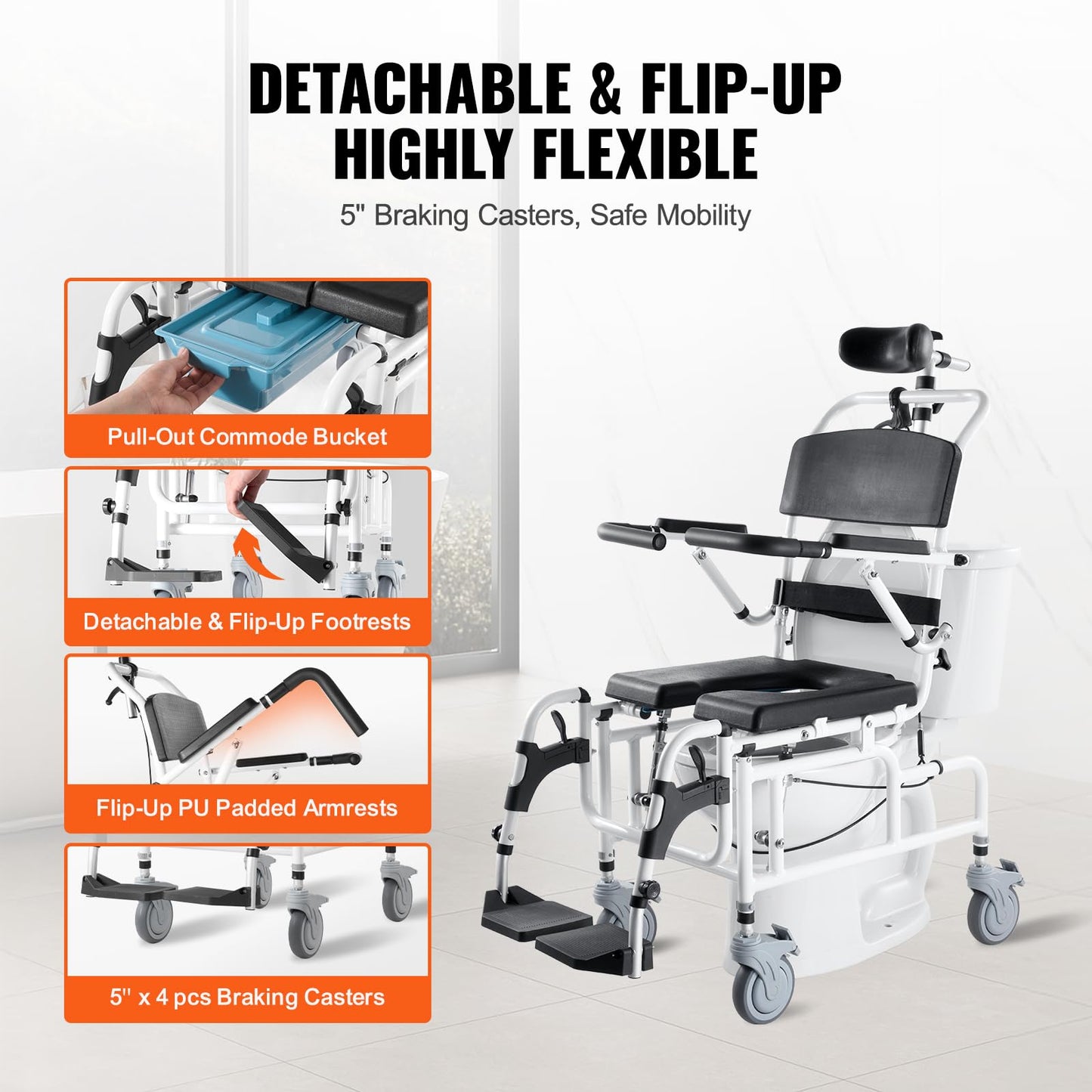 VEVOR Shower Wheelchair, 17.5in Width Aluminum Alloy Bathroom Wheelchair for Inside Shower, Adjustable Rolling Shower Chair w/Brake for Disabled Adult, 300 lbs Capacity Shower Transport Chair