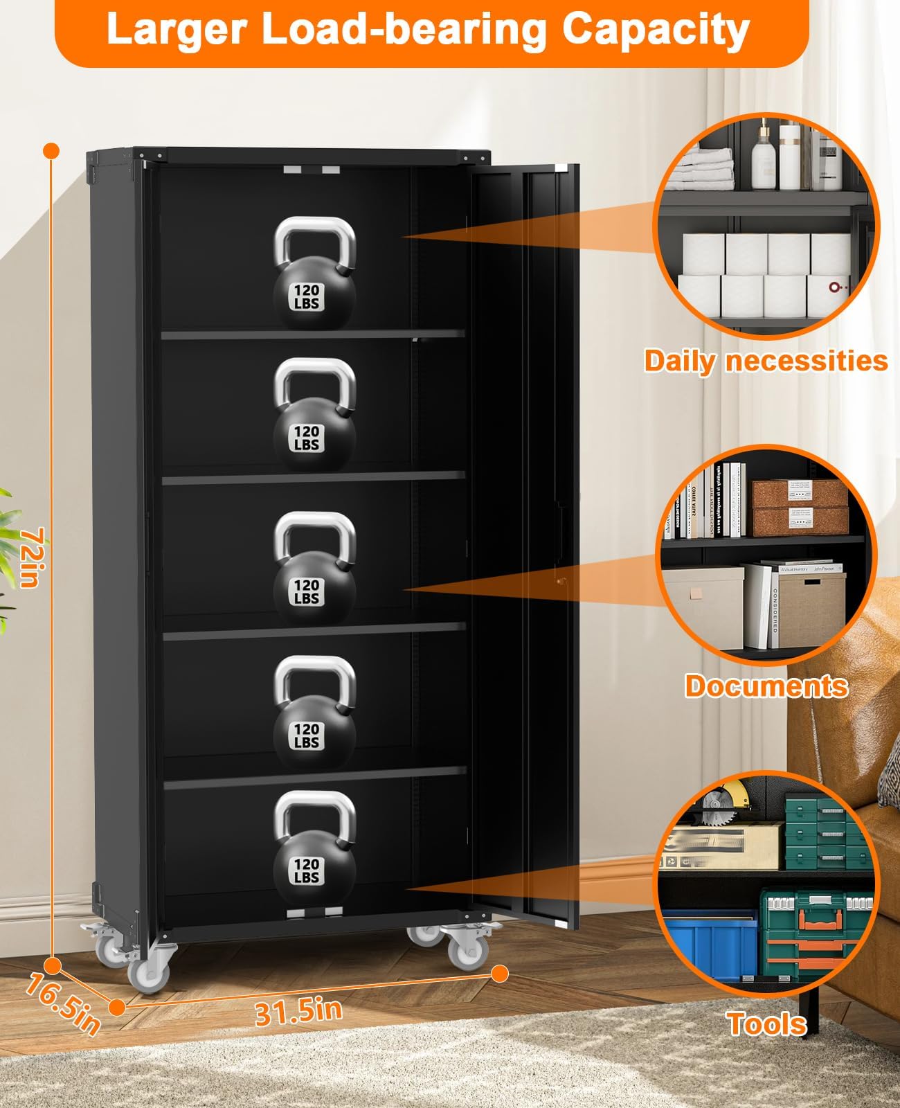 MilleLoom 71" Tall Locking Metal Storage Cabinet on Wheels, Tall 2 Door Tool Cabinet, 4 Adjustable Shelves, Storage Cabinet for Pantry, Garage Home Office Utility Room Storage, Black