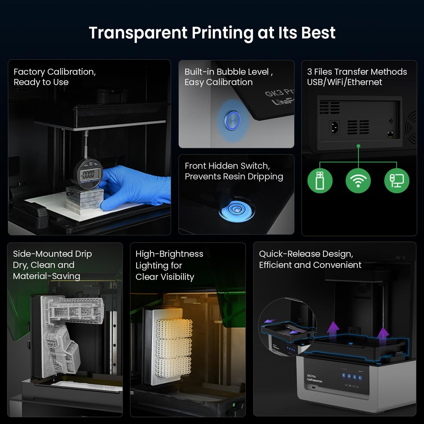 Uniformation GK3 Pro Resin 3D Printer 16K High-Transparency LCD 385nm COB Light Source, High Detail Resin Printer Smart Auto Heating, APP Easy Printing, Auto-Feed, 8.3x4.7x9.5inches Large Build Volume
