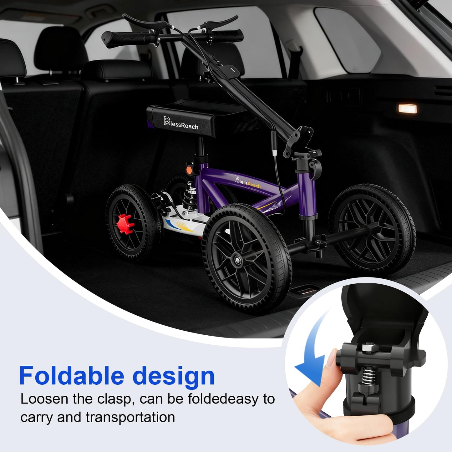 BlessReach All Terrain Foldable Knee Scooter Walker, Disc Brake Knee Walker for Foot Injuries, Compact Crutches Alternative (Purple)