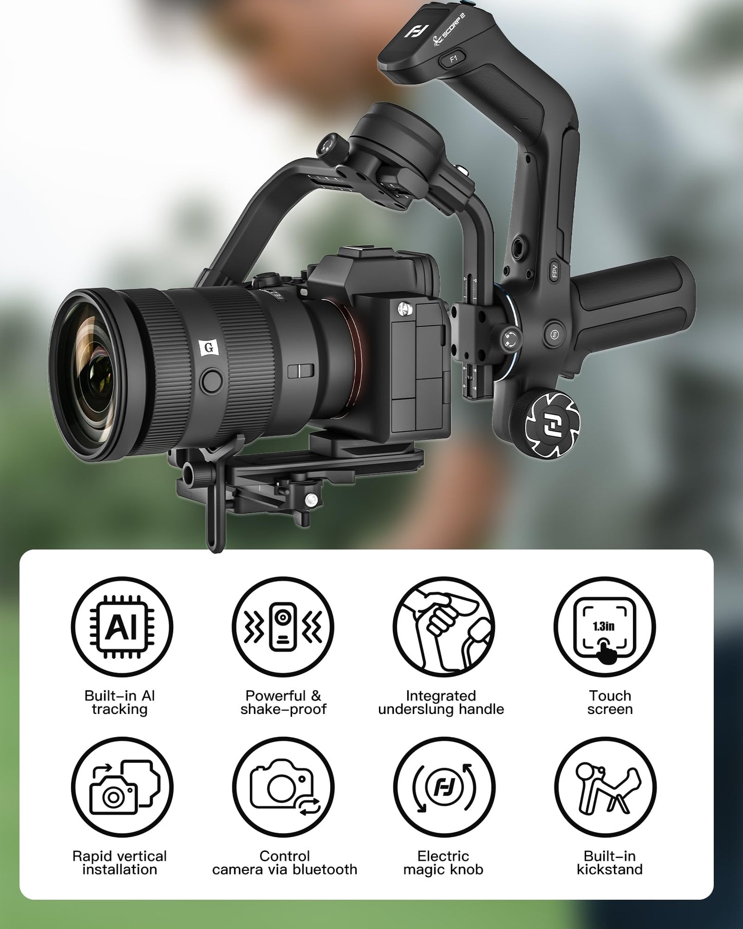 FeiyuTech SCORP 2 Gimbal Stabilizer for DSLR and Mirrorless Camera, Integrated Al Tracking, 3-Axis Camera Stabilizer Fits for Sony Canon Fuji Nikon, 5.5lbs Payload Touch Screen Vertical Shooting