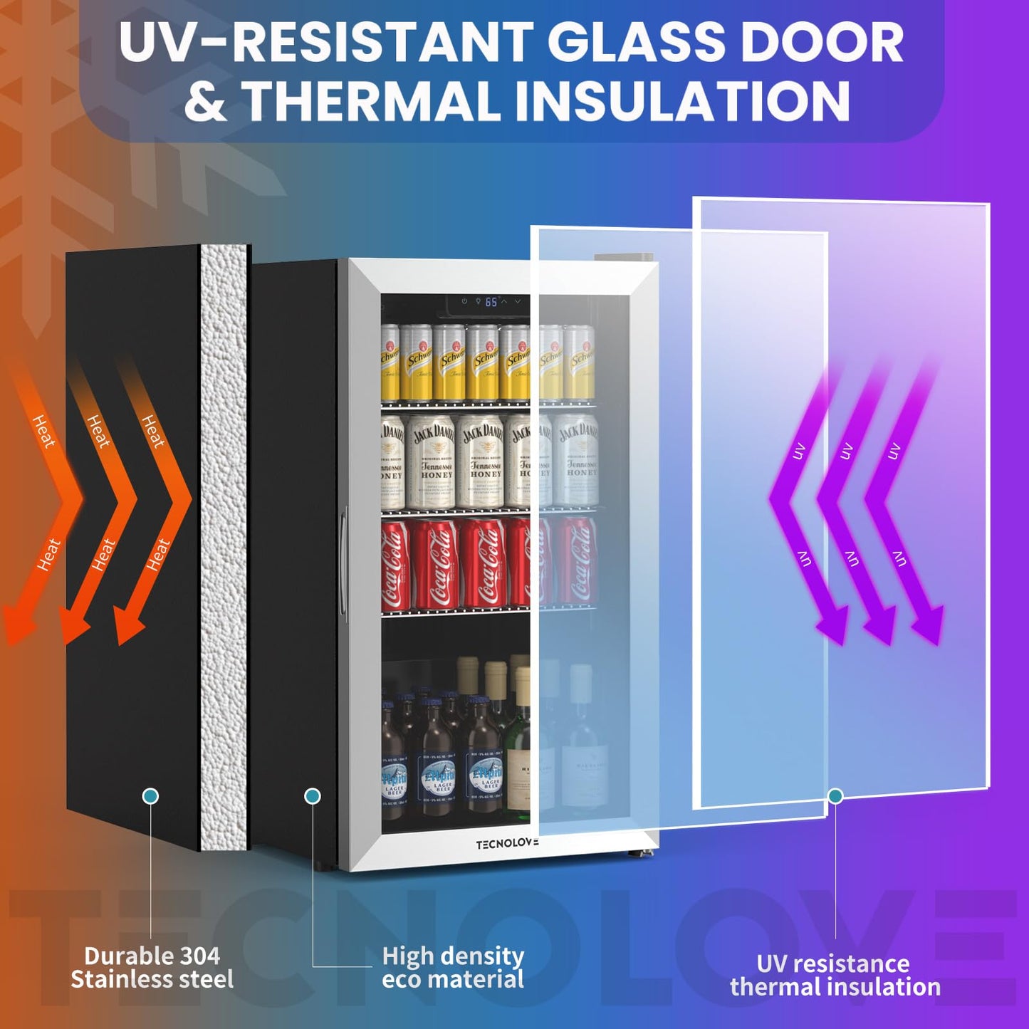 Beverage Refrigerator Cooler,Mini Fridge,Free Standing,123can/3 Cu. Ft,Cools Down To 37 ℉,LED Touchscreen Digital Temp Control,Under Counter,Double-layer Glass Door,Adjustable Shelves,Stainless Steel