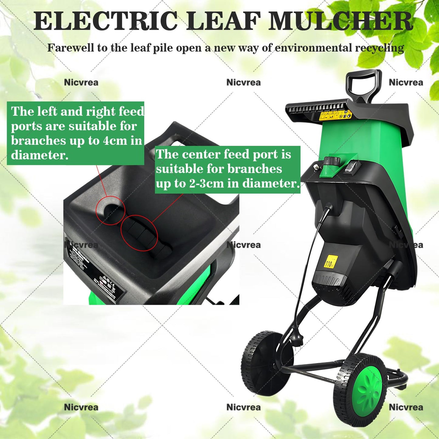 Nicvrea Electric Garden Shredder Wood Chipper,2400W Multifunctional Leaf Branch Shredder with Debris Bag, Max.40mm Cutting Capacity,Leaf Mulcher