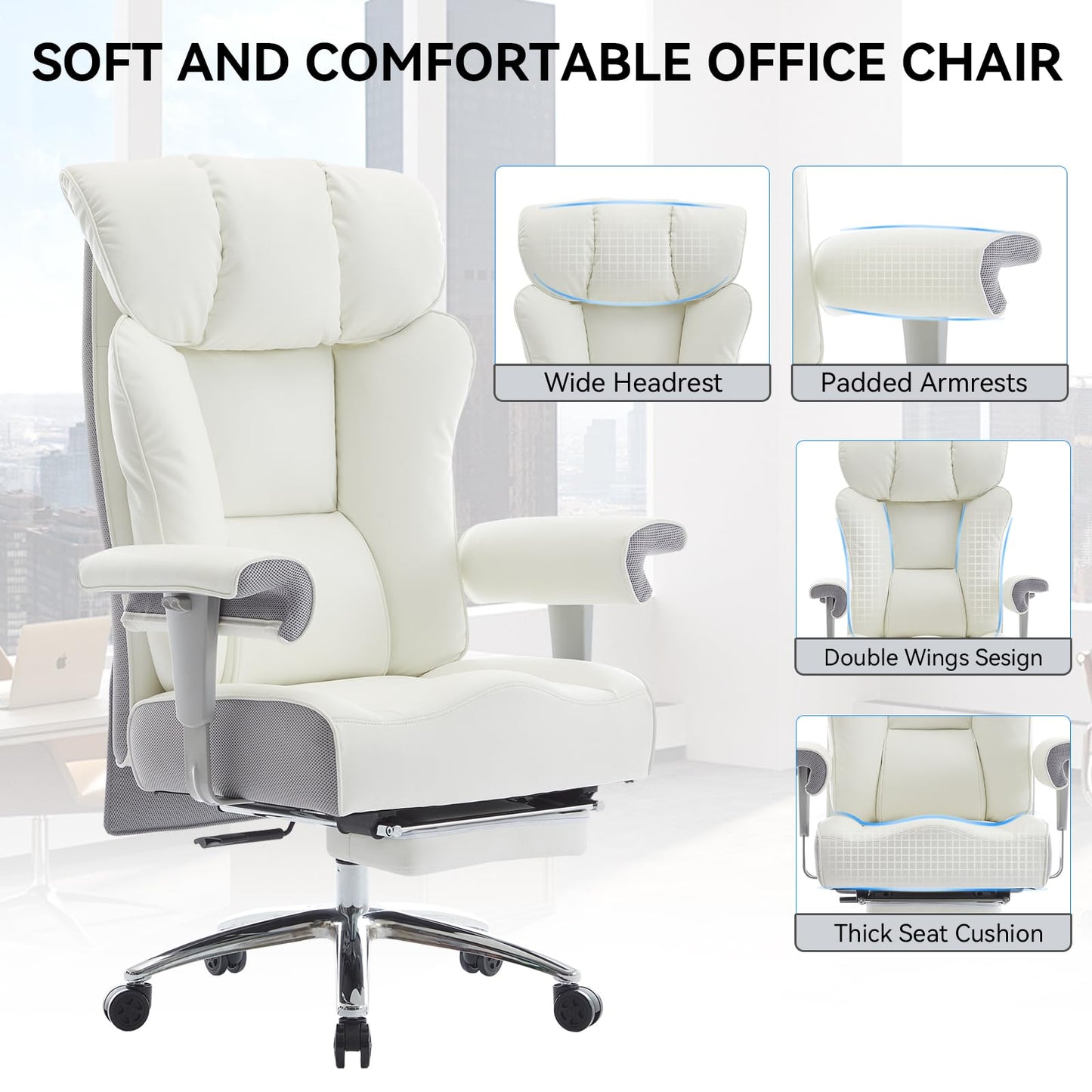 Efomao Big and Tall Executive Office Chair 400lbs - White Desk Chair for Women with Footrest, 24" Wide Ergonomic Pocket Spring Cushion Seat, Heavy Duty Computer Chair for Home Office, Gaming
