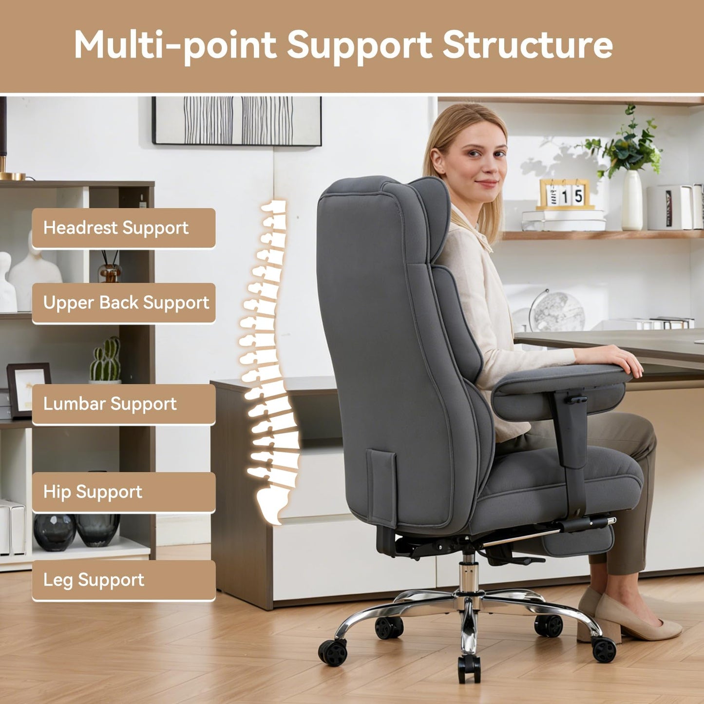 Efomao Big and Tall Office Chair with Footrest, 350lbs Heavy Duty Desk Chair, Extra Wide High Back Executive Office Chair for Long Hours, Reclining Home Office Chair with Breathable Fabric, Blue Grey