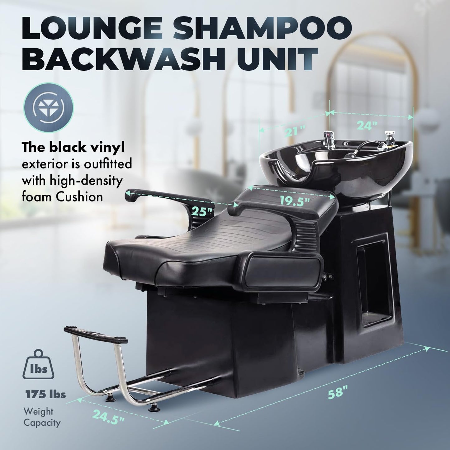 Buy-Rite Lounge Backwash Unit - Black Salon Shampoo Chair with Porcelain Sink, Adjustable Leg & Footrest, Ergonomic Headrest, Single Lever Faucet, Vacuum Breaker, TS-8012