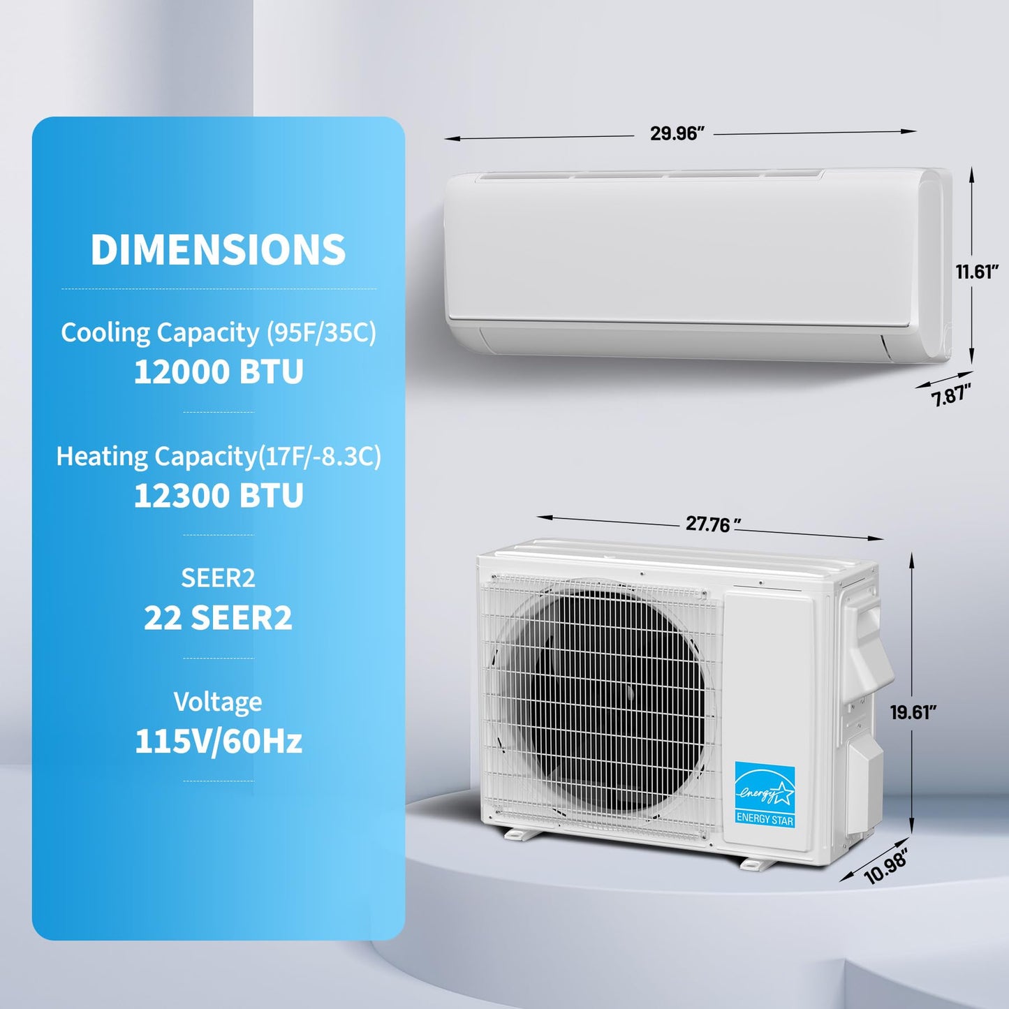 Mini Split Air Conditioner Cool and Heating, 12000BTU 22 SEER2 Energy Efficiency, 115V, WiFi Enabled Ductless AC Unit, Smart Control, Compatible with Alexa, Cool & Heat for Room up to 750 Sq.ft