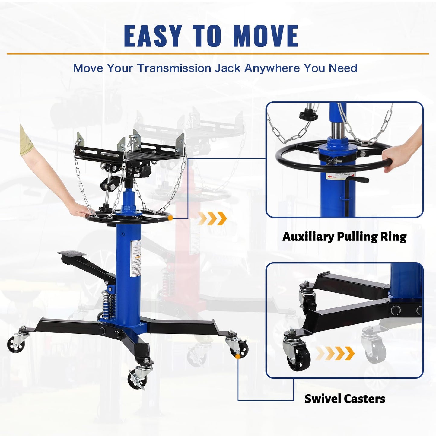1322 LBS Transmission Jack High Lift 2-Stage Hydraulic Telescopic Stand, 33.5"-69" Height, Foot Pedal & 360° Swivel Wheels, Heavy Duty Transmission Lift for Car, Truck, Garage