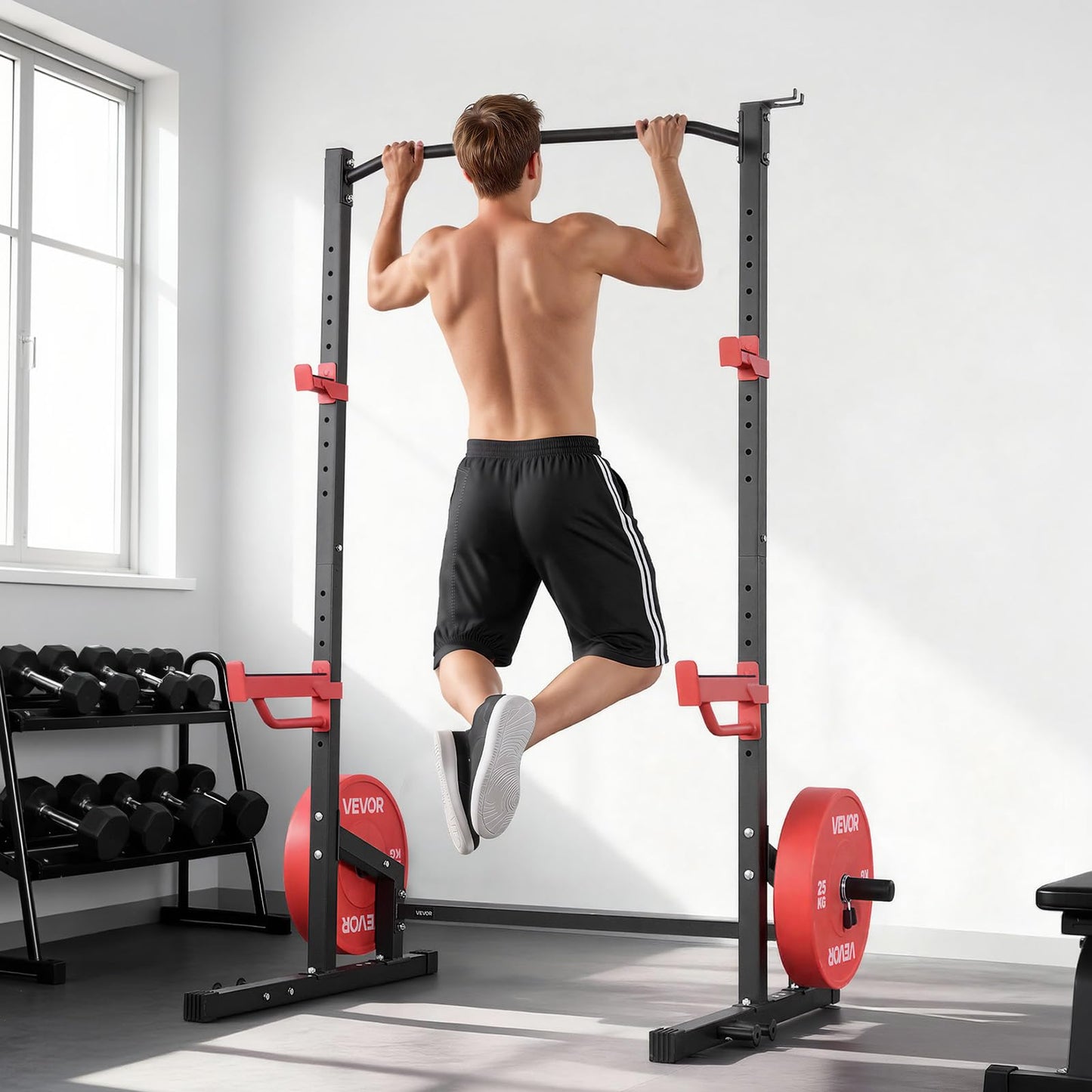 VEVOR Power Cage Squat Rack, Multifunctional Power Rack Home Gym, 1000LBS Strength Training Workout Equipment with 4 Band Pegs, Adjustable J-Hooks & Safety Bars for Barbell Squat Bench Press Pull-Up