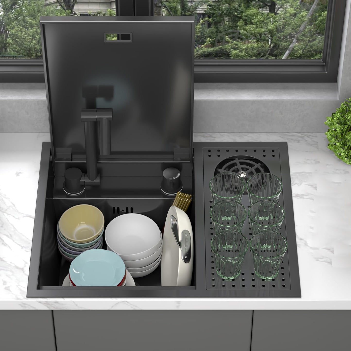 COZHAO Concealed Black Stainless Steel Slow Drop Bar Sink for Center Island, Motor Home, Western Style Countertop，Included Rotating Folding Faucet，Press Cup Washer（21.6 x 17.7 inch）
