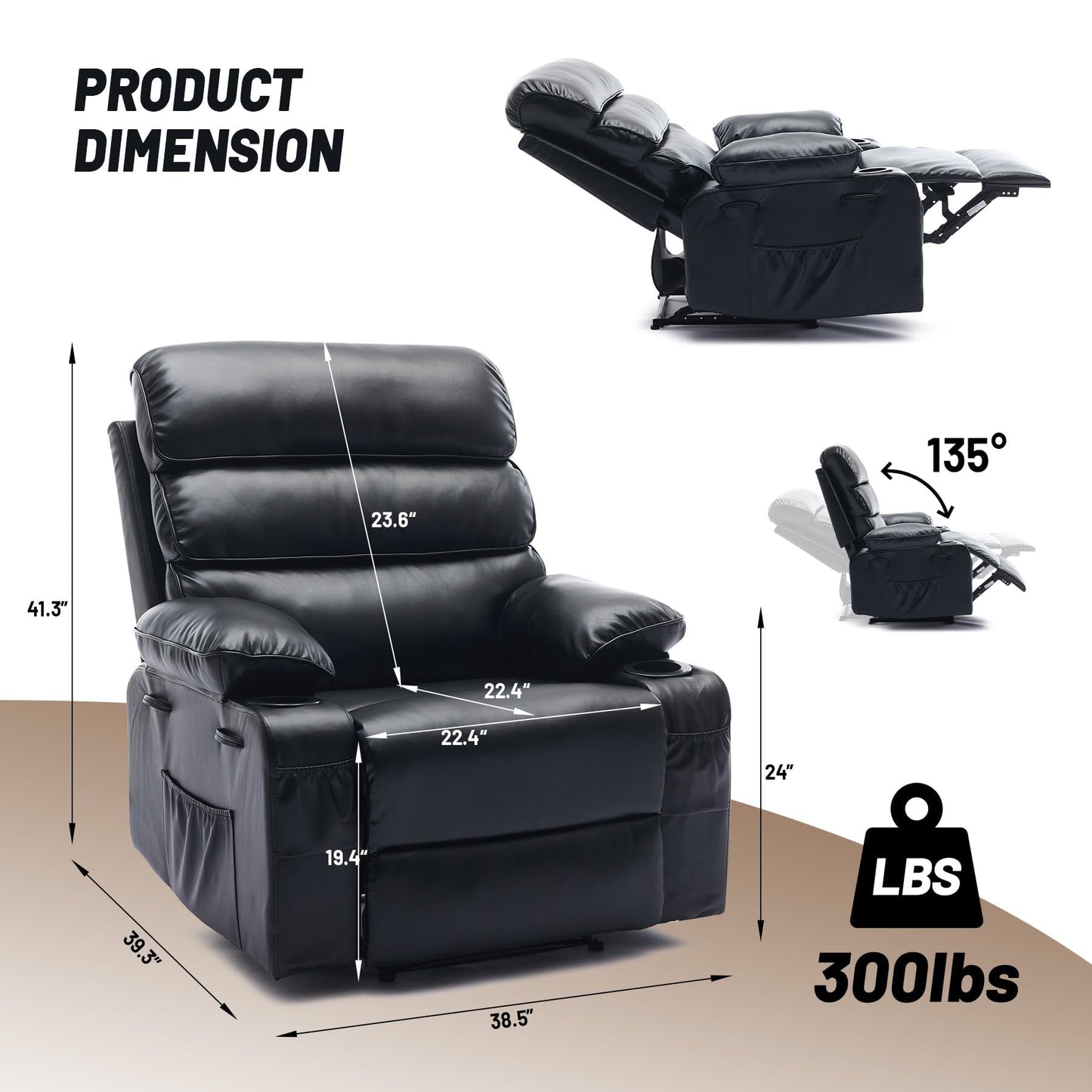 Garvee PU Leather Manual Recliner Chair with Massage and Heat, 27" Extra Wide Seat, 400 lbs Capacity, Thickened Sponge Armrests and Back, Cup Holders & Side Pocket, Living Room or Bedroom, Black
