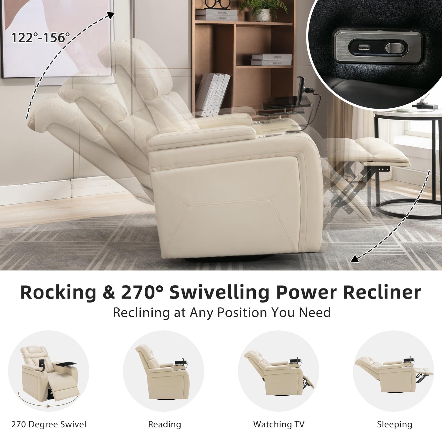 Ball & Cast Power Recliner Chair,270 Degree Swivel PU Leather Home Theater Seating for Living Room,Soft Individual Chair with Tray Table, Phone Holder,Cup Holder,USB Port,Hidden Arm Storage,White