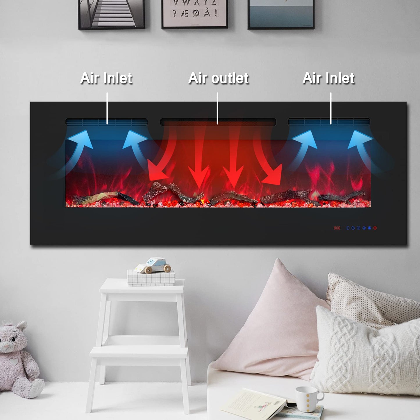 Kentsky 42 inches Electric Fireplace Inserts, Recessed and Wall Mounted Fireplace Heater, Linear Fireplace w/Thermostat, Remote & Touch Screen, Multicolor Flame, Timer, Logs & Crystal, 750W/1500W
