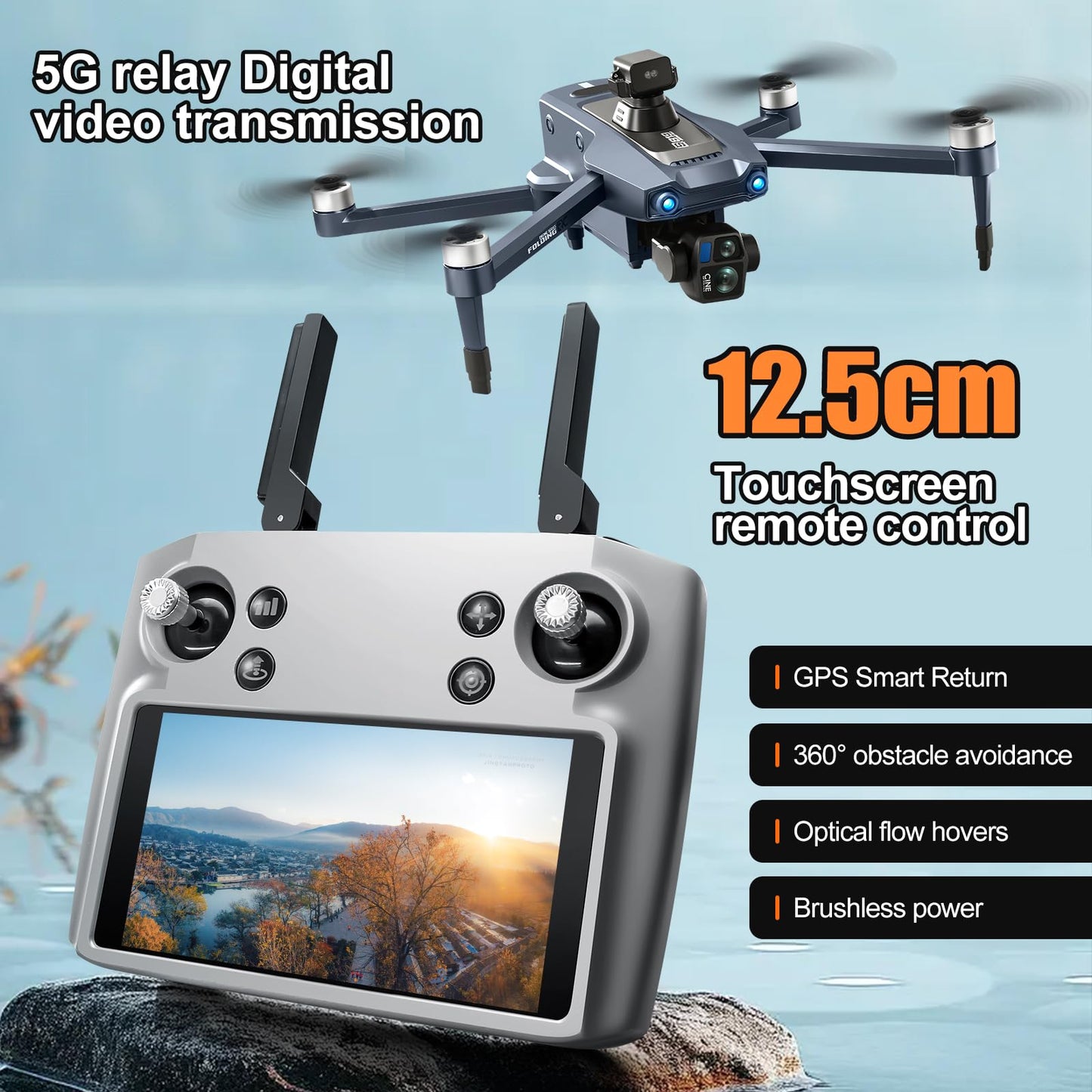 GPS Drone with One Key Airdrop (1 pound), 5G Technology, Brushless Motor, 360° Laser Obstacle Avoidance, 5 Inch Touch - Screen Display Remote Controller, 2.7K Real Pixels, 3 Axis Gimbal Camera, Auto Return (Go Home), One Key Follow (Follow me), Speed Adju