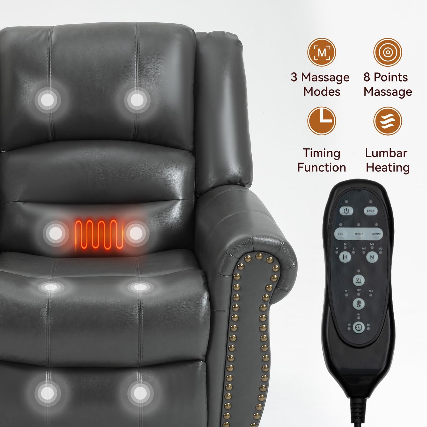 KEIKI Oversized Power Lift Recliner Rocking Chair for Adults, Faux Leather Mid Century Modern Accent Chair with Back Message & Heat USB Port, Adjustable Home Theater Seating for Living Room, Grey