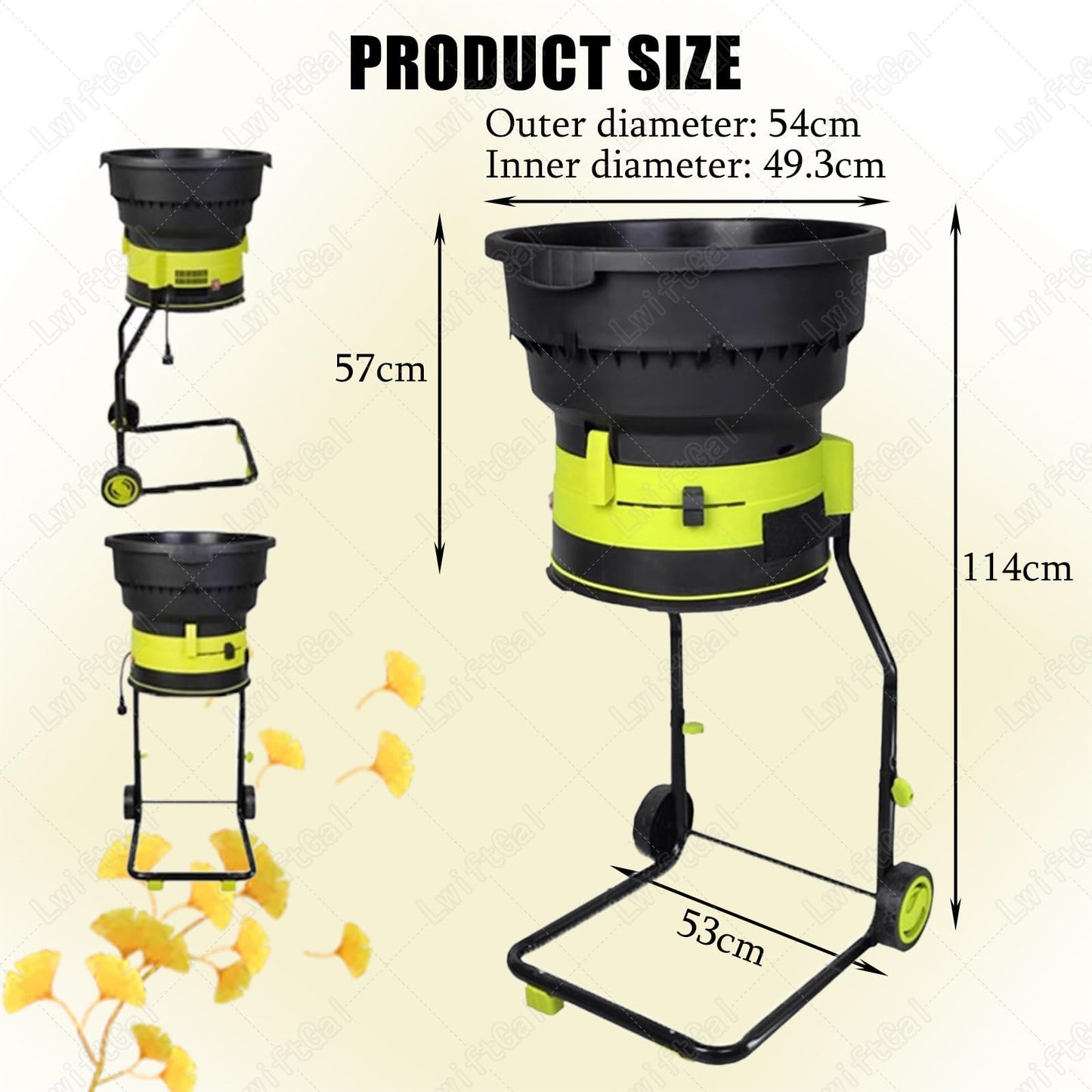 LwiftGal Electric Leaf Mulcher Garden Shredder, 2500w Compost Shredder Leaf Crusher with Wheels,Leaf Rake, Storage Bag, 54cm Funnel Diameter for Yard Cleanup, Composting 20mpowercord