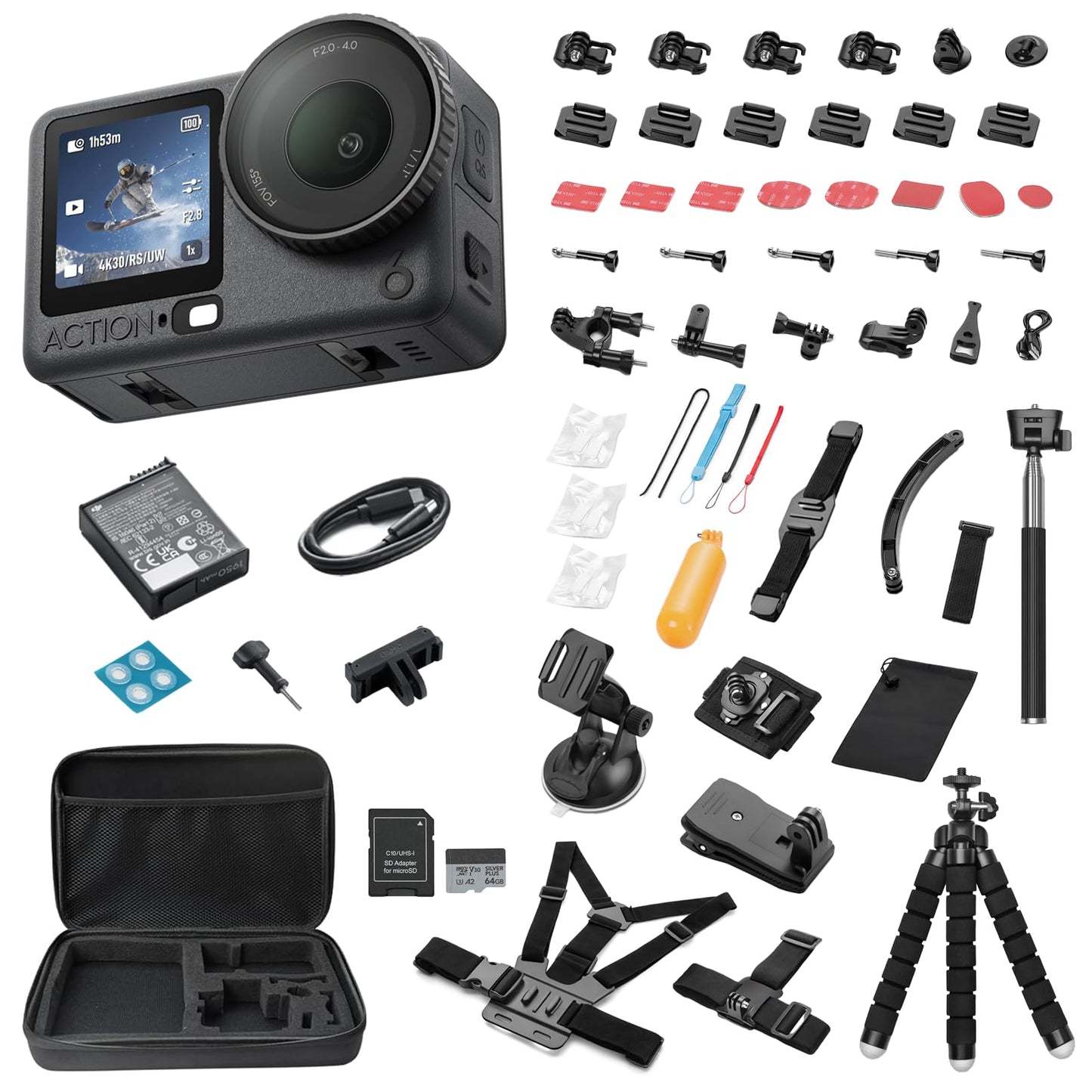DJI Osmo Action 6 8K Waterproof Action Camera Bundle, 1/1.1" Square Sensor, Variable Aperture of f/2.0–f/4.0, 50GB Built-In Storage, Original Essential Combo + 58 Piece Accessory Kit + Extra 64GB Card