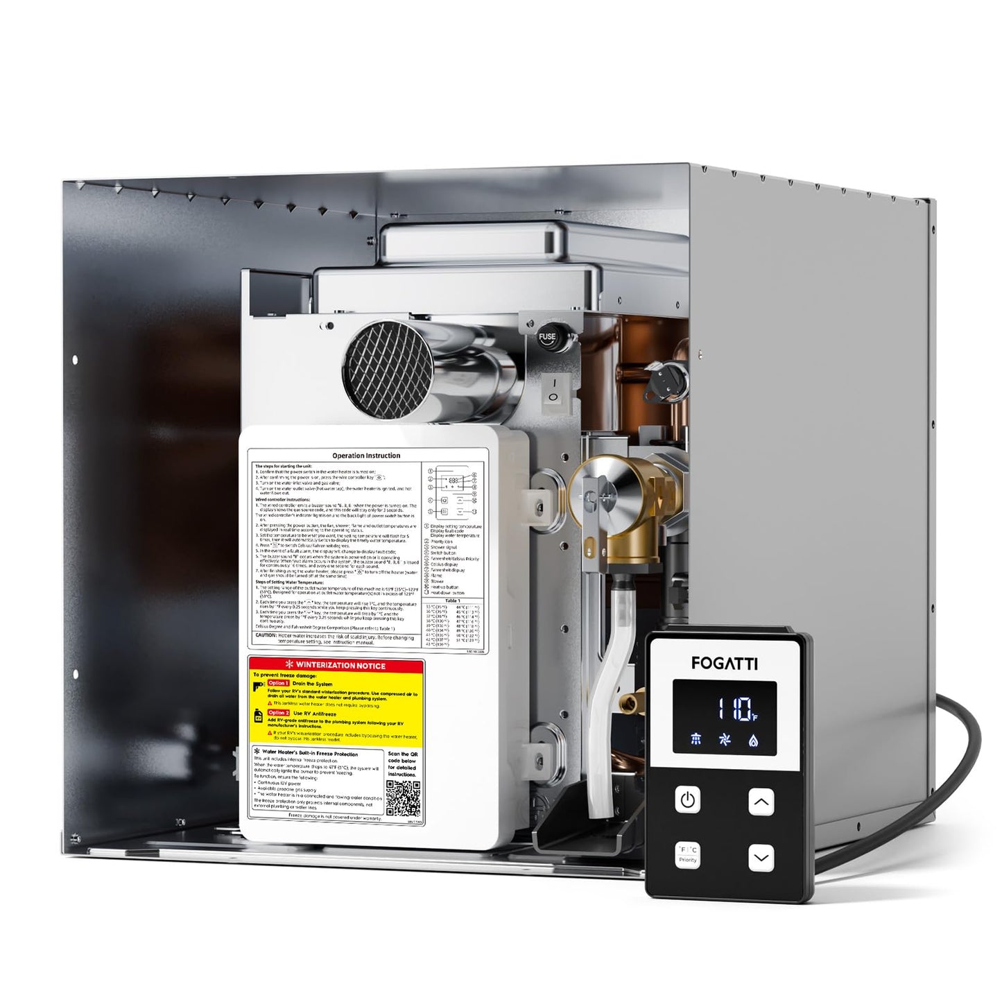 FOGATTI InstaShower 7 RV Tankless Water Heater, 3 Optional Door Sizes 15"x15", 15"x18" & 18"x18" for Refitment, 12V DC, Optimized Summer Comfort Performance, Ideal for RVers' Family Use, Gen 3