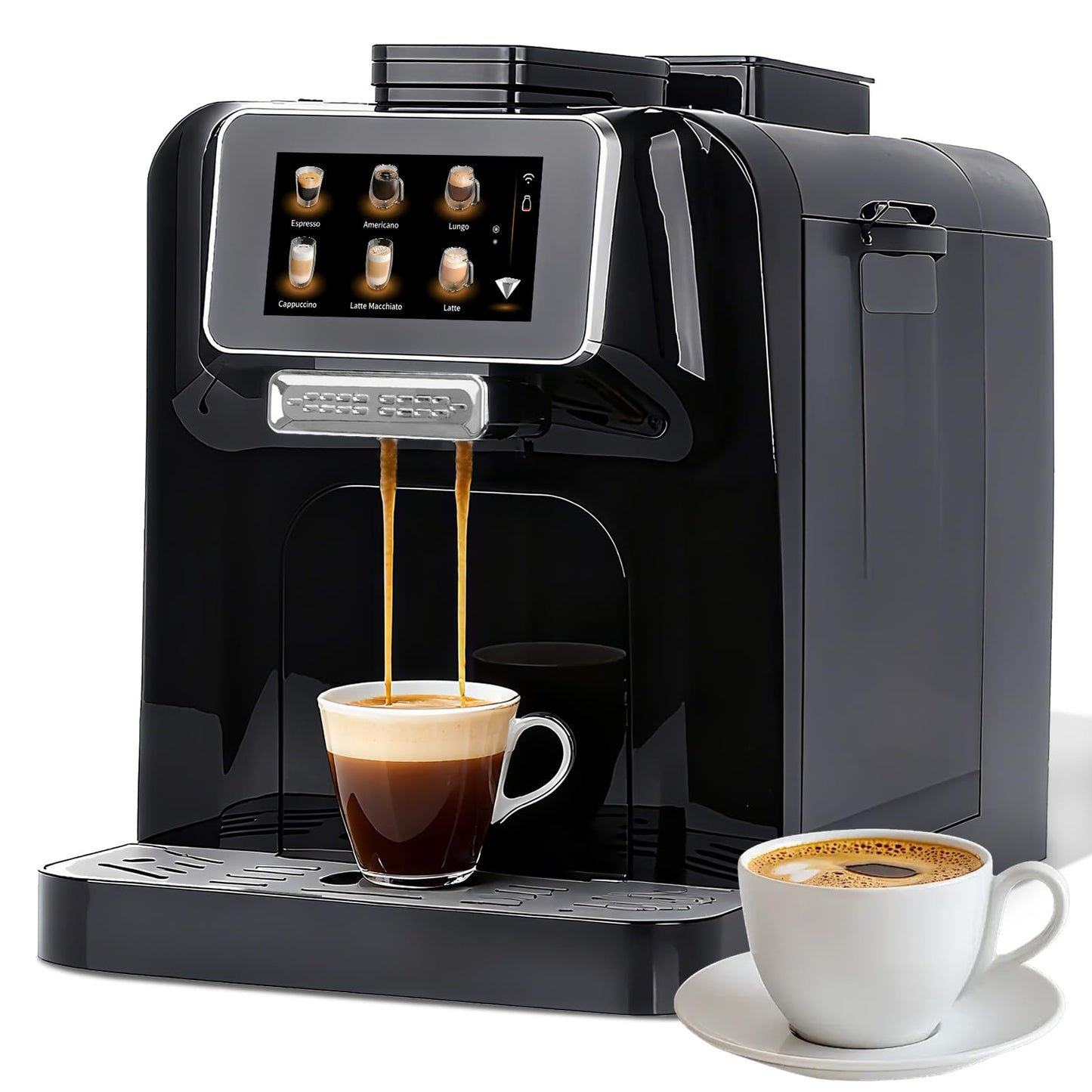 BUSBYR Fully Automatic Espresso Coffee Machine with Milk Cooler 4.3" Touchscreen Dual Heating 11 One Touch Beverages Adjustable Grinder & Milk Frother WiFi Smart Control