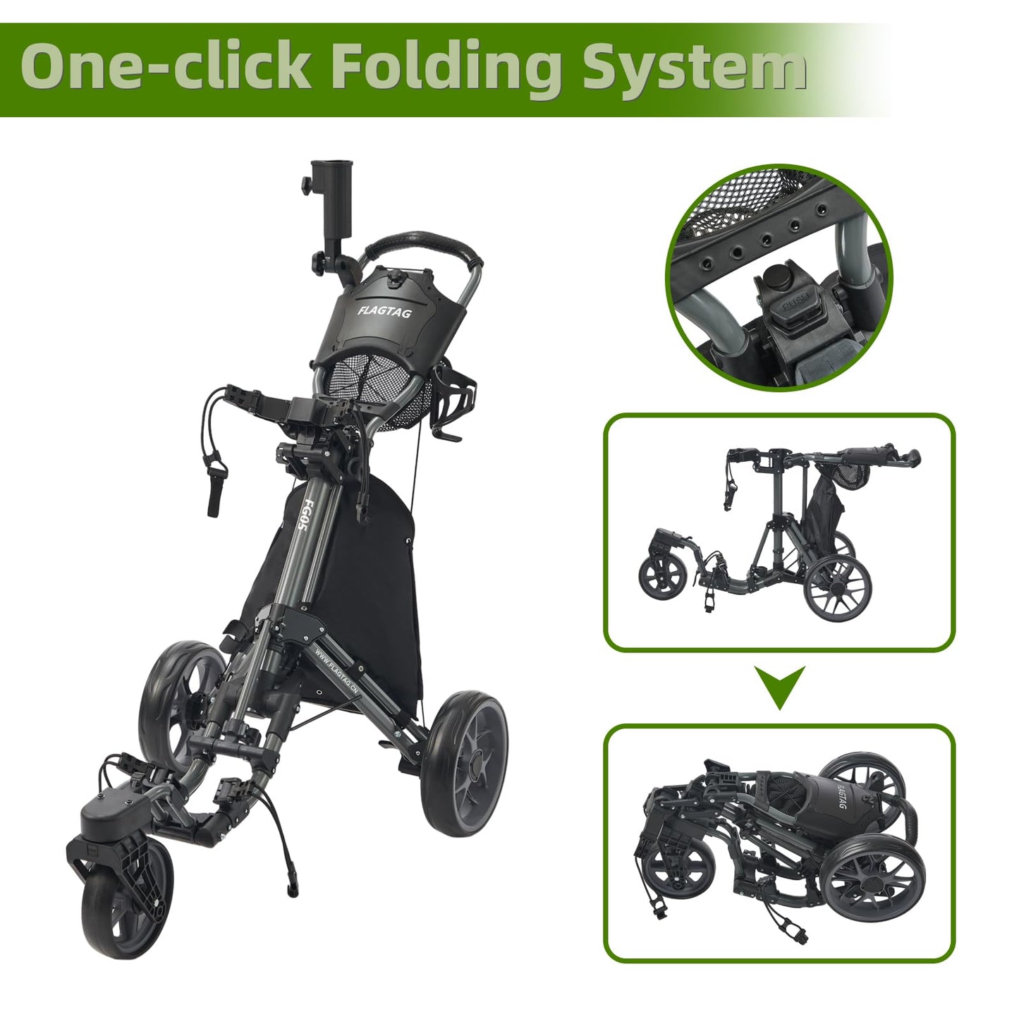 FLAGTAG Golf Push Cart 3 Wheel with 360 Swivel Front Wheel,Lightweight and Foldable Walking Golf Cart，One-Click Foldable,with Foot Brake