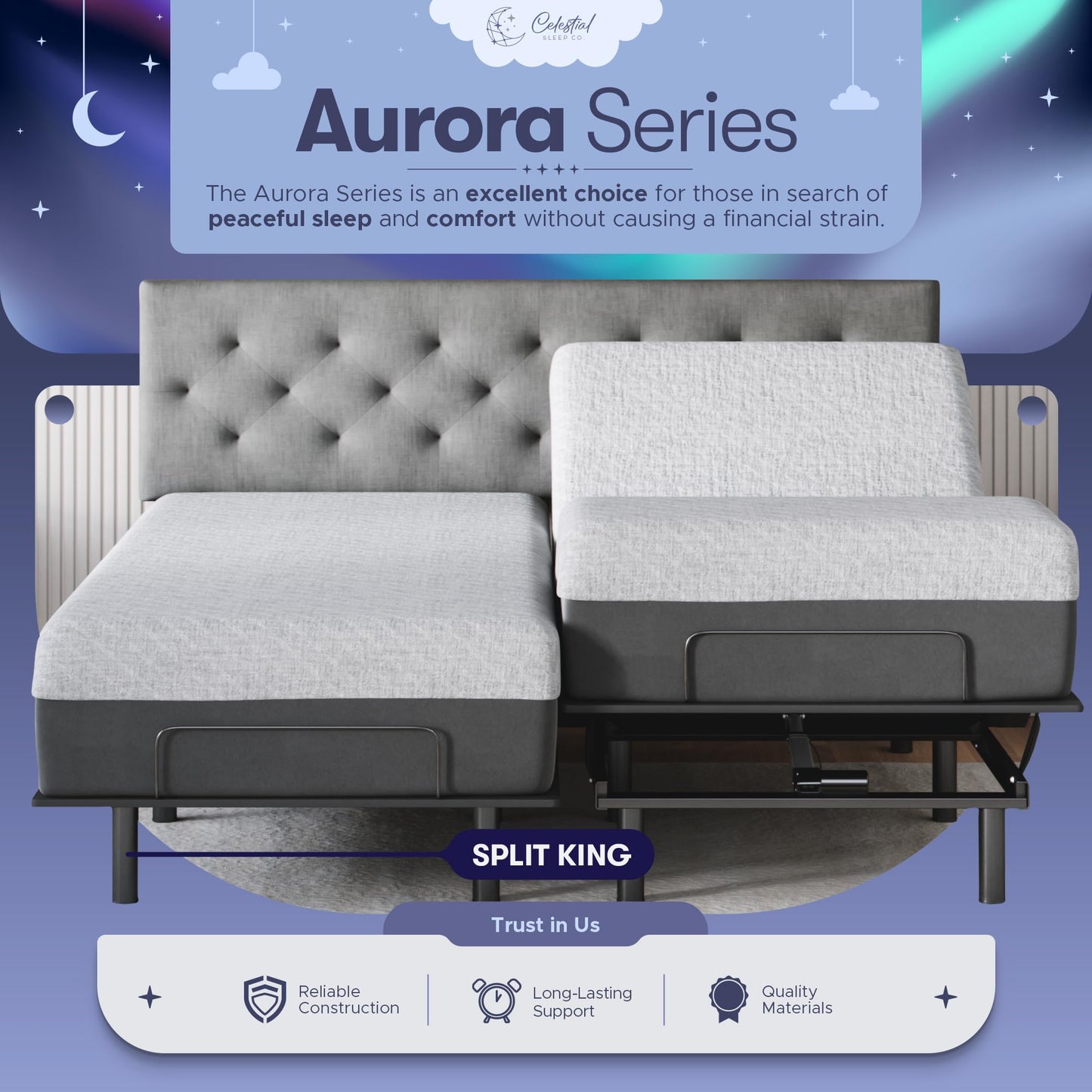 Celestial Aurora Adjustable Bed Base (Frame) + 12 inch Gel Memory Foam Mattress (Medium Soft), Easy Assembly, Head and Foot Lift, Zero Gravity, Memory Positions, CertiPUR-US Bed - Split King