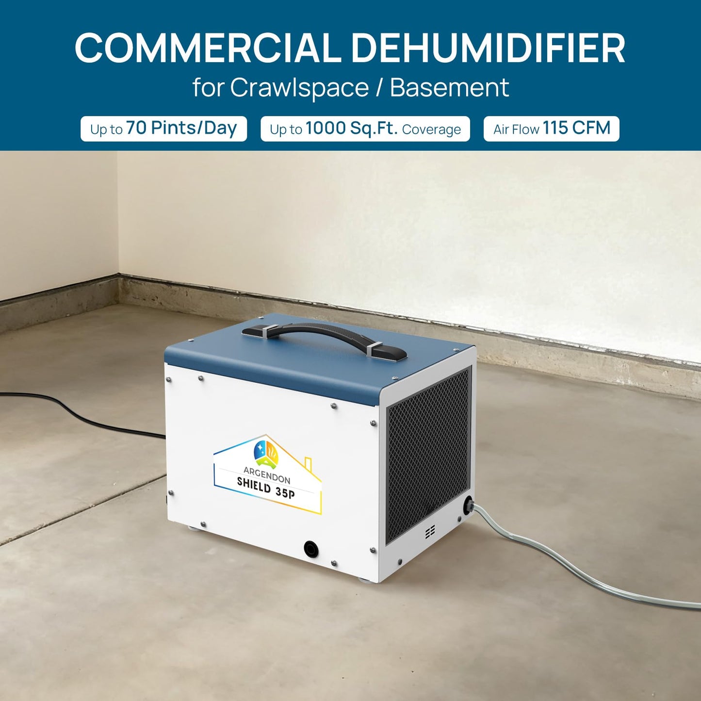 ARGENDON Crawl Space Dehumidifier with Pump, 70 Pint Compact Commercial Dehumidifier for Basement, Drain Hose, Auto Defrost, Memory Restart, Up to 1,000 Sq.Ft, ETL, 5-Year Limited Warranty