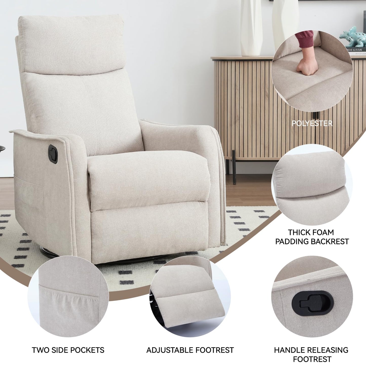 KEIKI 4-in-1 Manual Swivel Rocker Recliner Chair for Home Living Room, Polyester Chair with Back Massager & Heat, Home Theater Seating with Lumbar Support, Reading Lounge Chair for Old Money, Beige