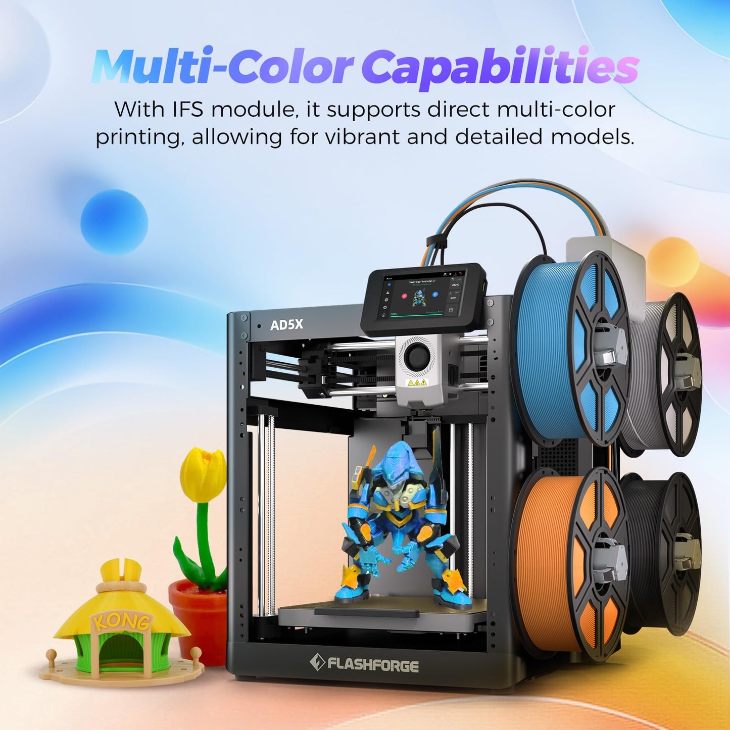 Flashforge AD5X Multicolor 3D Printer, 600mm/s High-Speed 3D Printer with 300˚C Nozzle, Auto Leveling and PEI Flexible Plate, 220x 220 x220mm