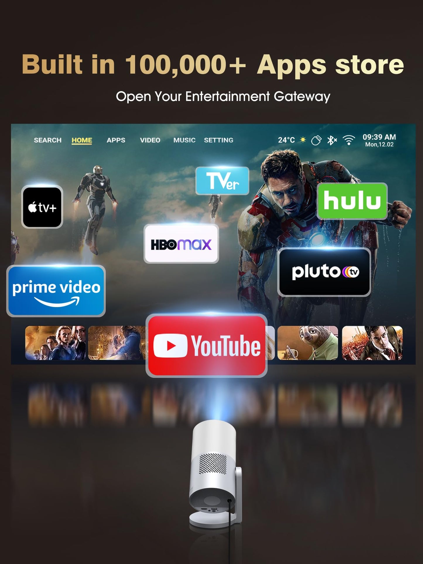 Latest Upgrade Portable Mini Projector Native 1080P 4K Support, 410 ANSI Lumens Auto Focus, WiFi 6 Bluetooth, Outdoor Movie Game Projector Android Smart System for Home Theater TV Replacement