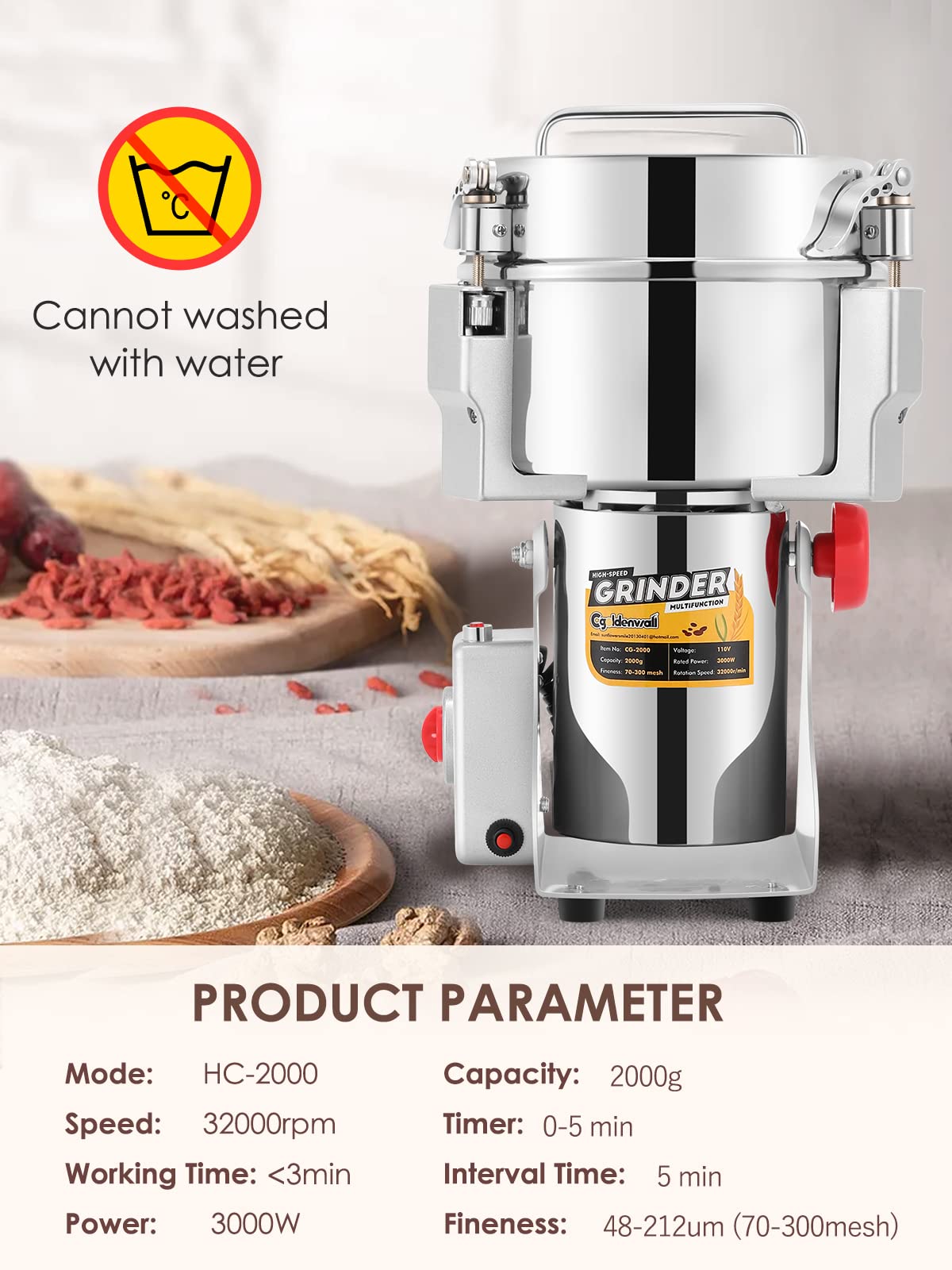 CGOLDENWALL 2000g Electric Grain Grinder Mill Safety Upgraded 3000W High-speed Spice Herb Grinder Commercial Superfine Machine Dry Cereals Pulverizer CE 110V (2000g Swing Type)