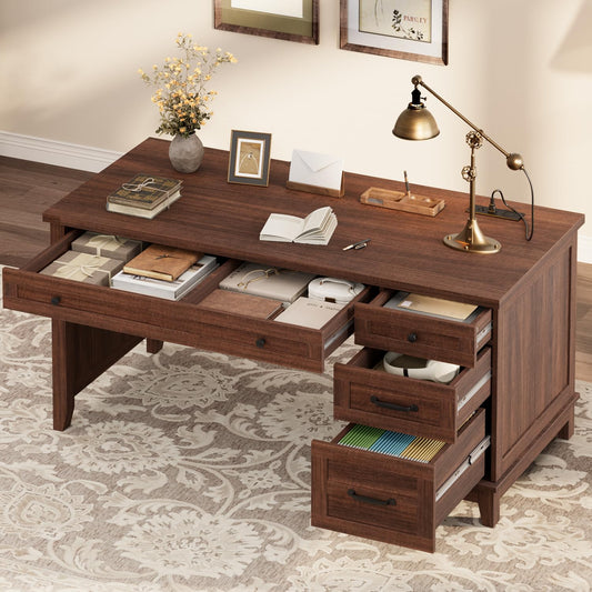 GarveeHome Executive Desk with Drawers, Farmhouse Home Office Desk with Charging Station, 53.54 in Wooden Computer Desk with File Cabinet Storage for Work Study Writing,Walunt Brown