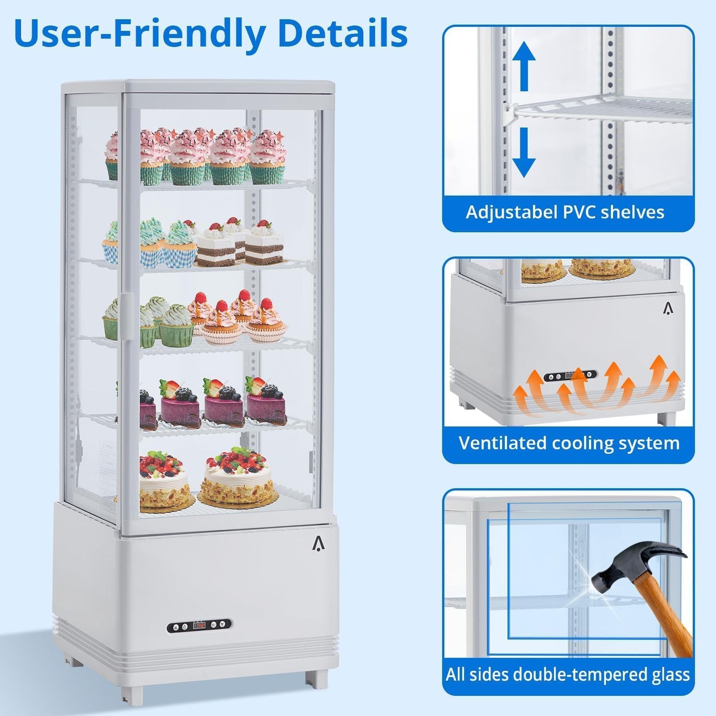 Countertop Display Refrigerator 3.4 Cu.ft, 4-Tier LED Pastry Cooler, Sliding Door, Adjustable Shelves, Commercial Fridge for Bakery Cafe Restaurant, Frost-Free, Black