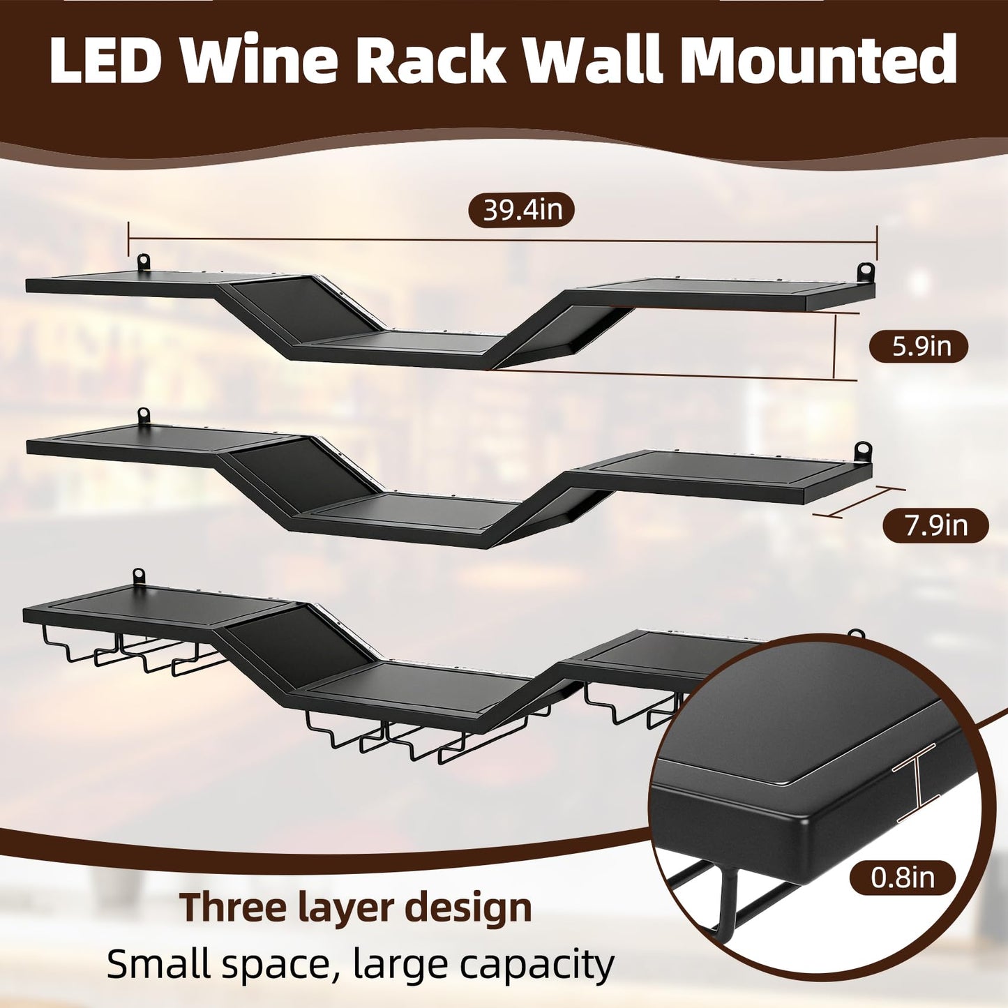 ZHDZKJ 𝑼𝒑𝒈𝒓𝒂𝒅𝒆 39.4" LED Modern Wall Mounted Wine Rack, 3-Tier Floating Bar Shelves, Golden High Brightness LED Light Strip, Large Bar Shelf with Wine Glass Rack, for Home Bars and Restaurants