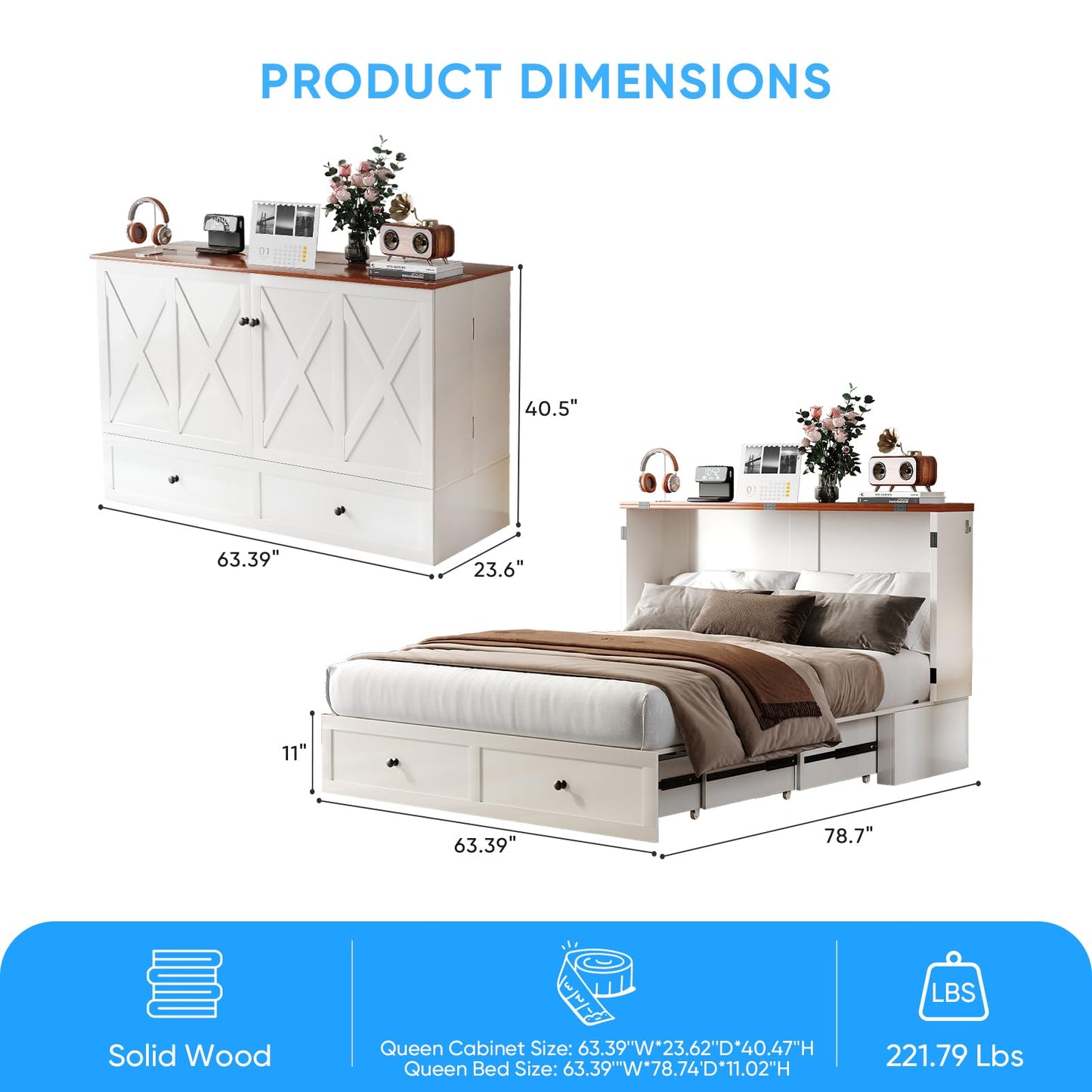 Mjkone Queen Size Murphy Bed, Storage Drawers, Hidden Folding Cabinet Bed with USB Charging Station, Space Saving Wall Chest Beds for Bedroom Living Room, White（No Mattress）