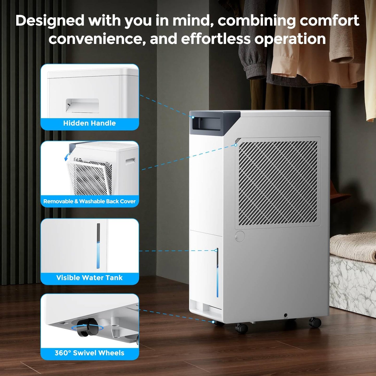 4500 Sq.Ft Most Efficient Energy Star, Max 80Pint/D (Standard 52Pint/D) Smart Compressor Dehumidifier with Drain Hose, WiFi/APP, Intelligent Humidistat, for Basement, Home, Bedroom, Bathroom(White)
