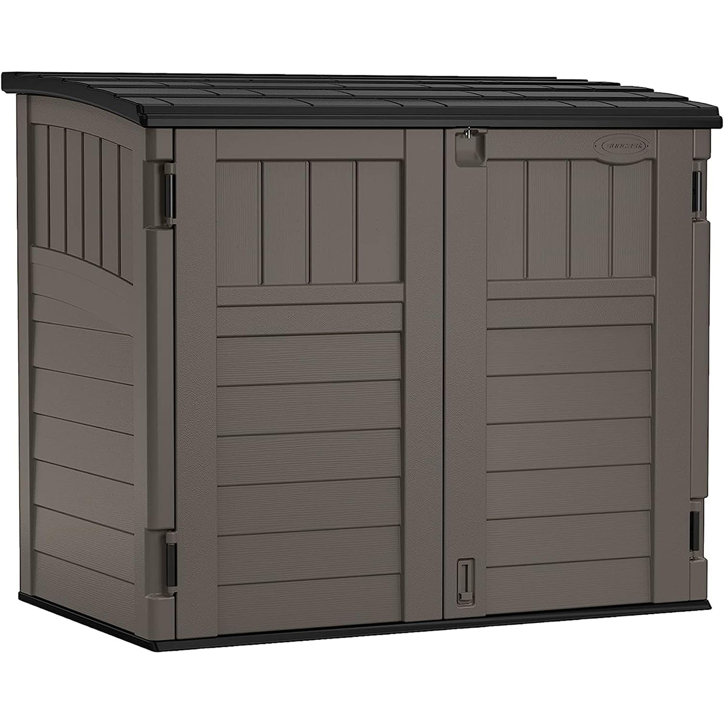 Suncast 34 Cu Ft Horizontal Resin Storage Shed - Outdoor Storage Shed with Floor Included, Lockable, Weatherproof, Fits Small to Medium Trash Cans, Generators, & Garden Tools, Stoney Black