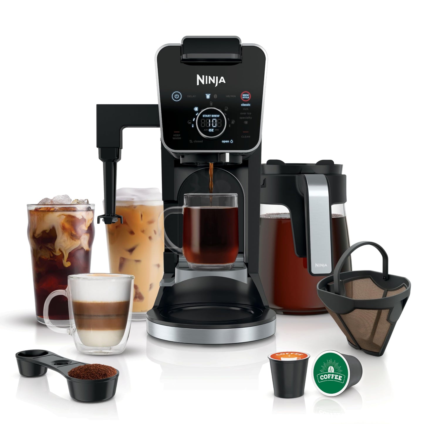 Ninja Specialty Drip Coffee Maker | DualBrew™ Pro Specialty Coffee Machine w/Frother, Permanent Filter | Brew w/Pods & Grounds, K Cups Compatible | 4 Brew Styles, 13 Cup to Pot Sizes | Black CFP307