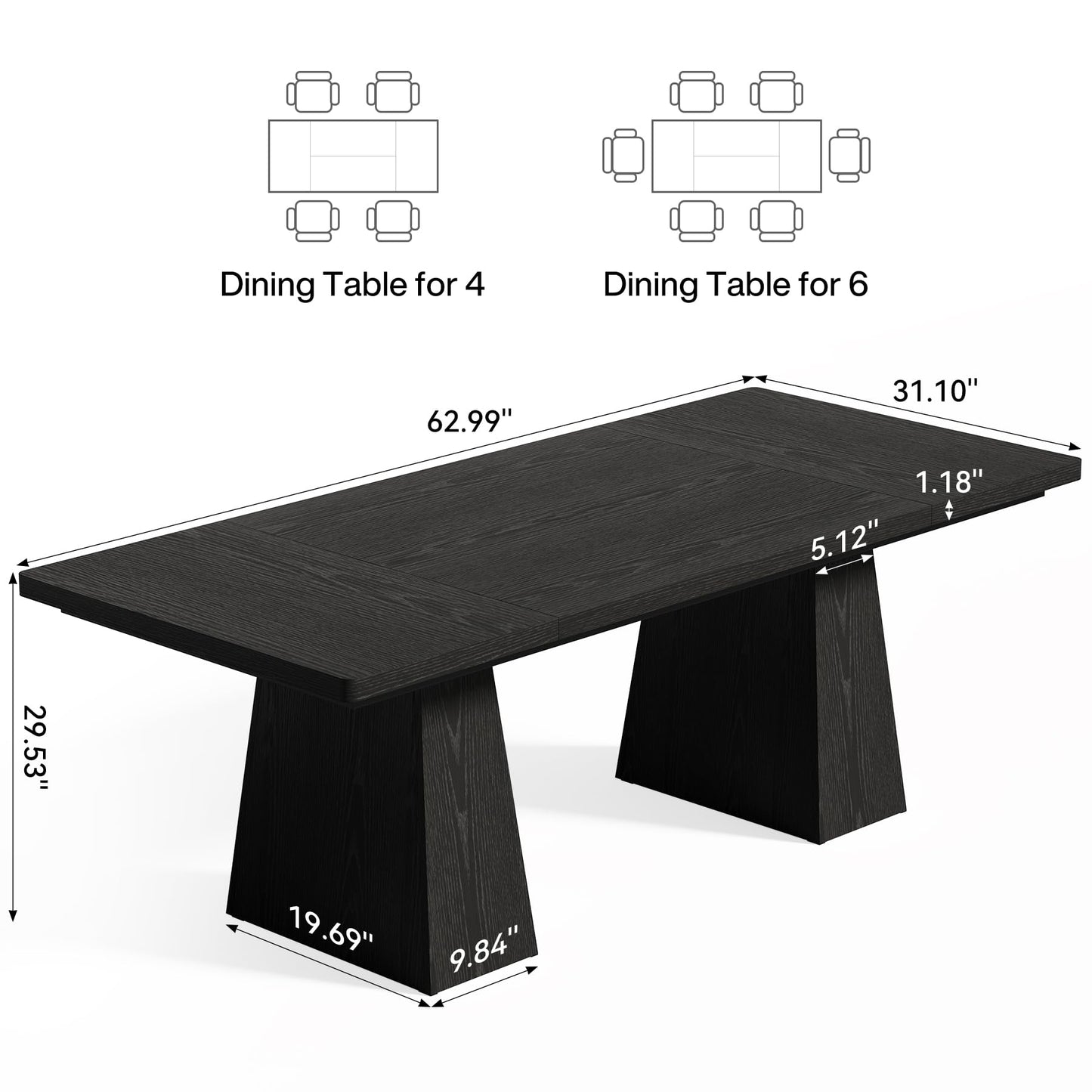 LITTLE TREE Dining Table for 4-6 People, Wooden Table, Rectangle Furniture with Heavy Duty Legs, Modern Kitchen Table for Home, Dining Room, Black
