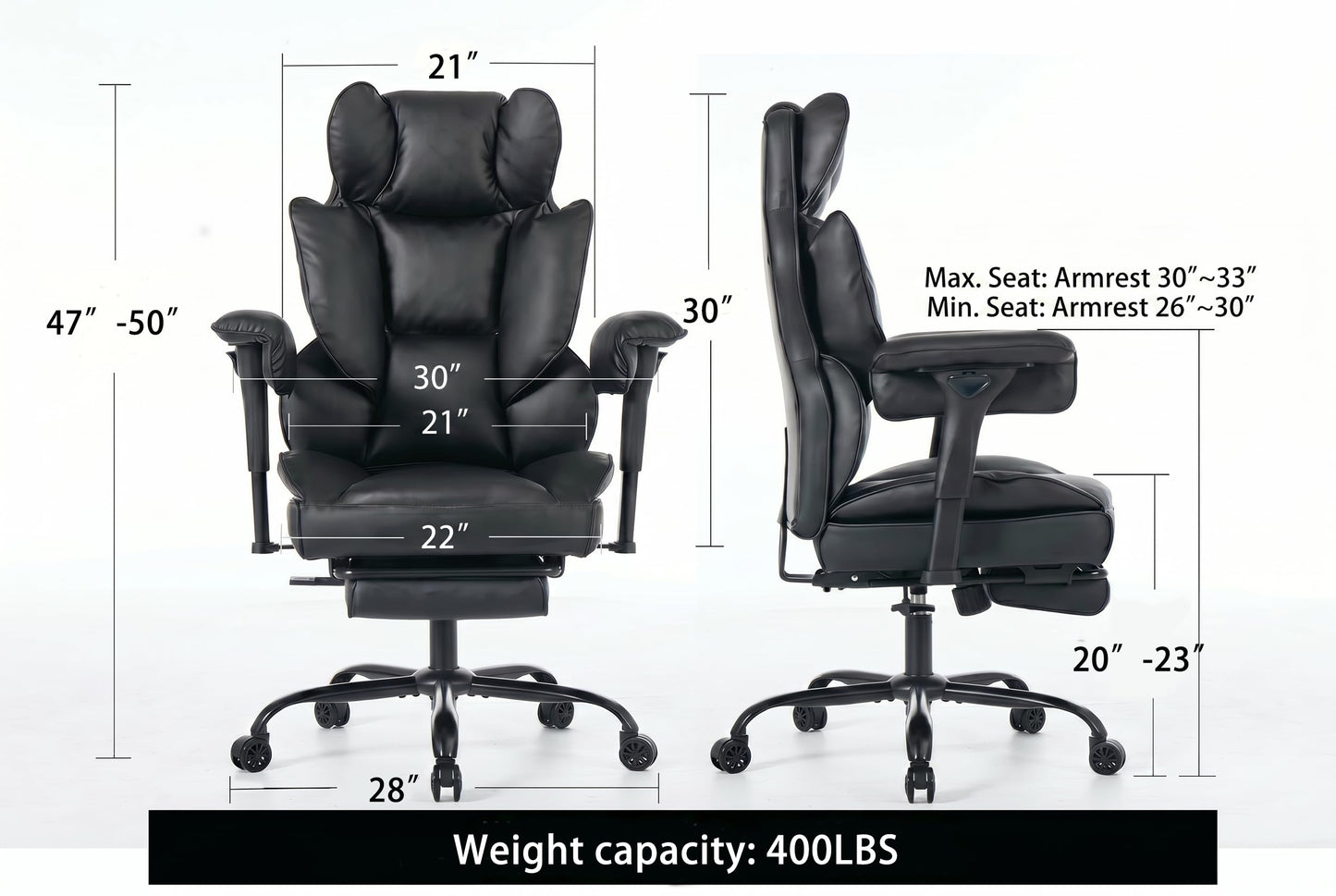 ATMILD Big and Tall Gaming Office Chair 400lbs - Heavy Duty Ergonomic Computer Desk Chair with Footrest, Adjustable Armrests, High Back PU Leather with Racing Style (Black)