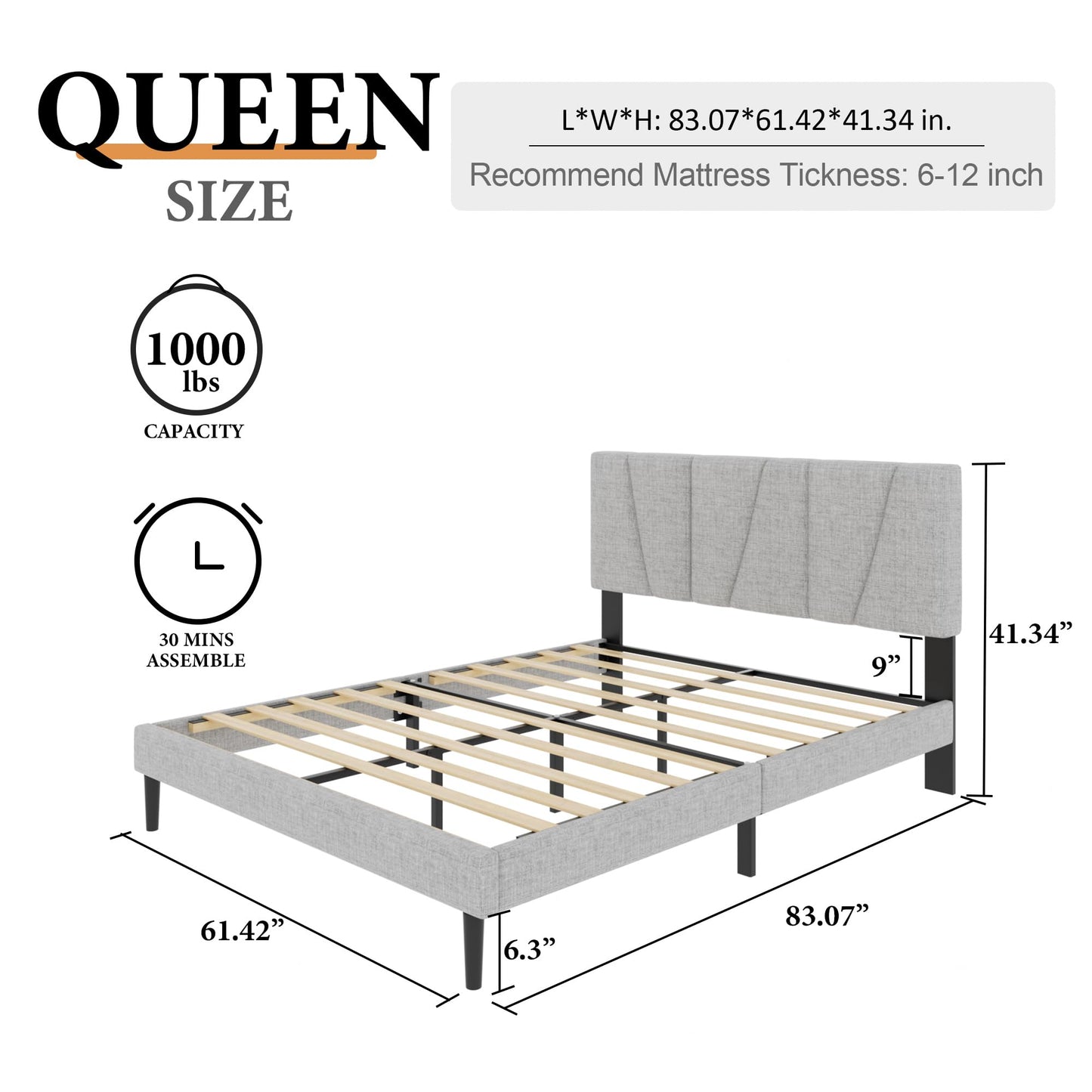 Sismplly Queen Size Platform Bed Frame with Upholstered Headboard, Wooden Slats Support, Noise Free, No Box Spring Needed, Easy Assembly, Light Grey, Linen