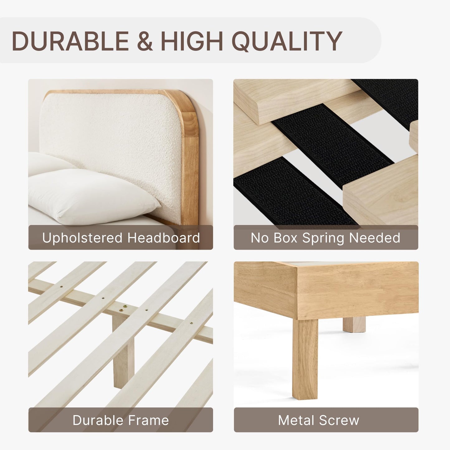 KISLOT Wood Bed Frame with Upholstered Headboard, Mid-Century Boucle Fabric Platform Modern Bed Mattress Foundation Noise-Free No Box Spring Needed Easy Assembly